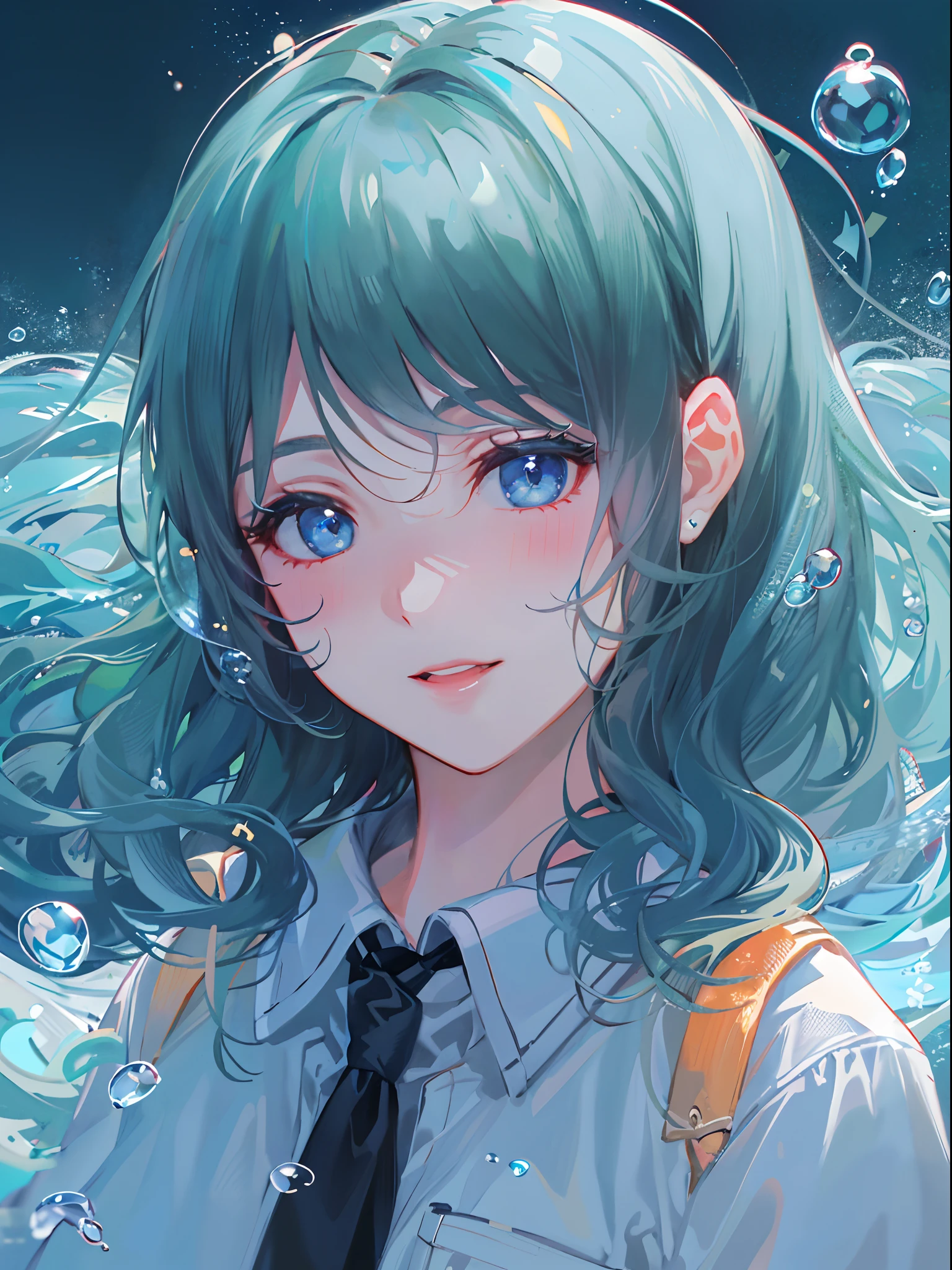 ((top-quality)), ((​masterpiece)), ((ultra-detailliert)), (extremely delicate and beautiful), girl with, 独奏, cold attitude,((Black jacket)),She is very(relax)with  the(Settled down)Looks,A dark-haired, depth of fields,evil smile,Bubble, under the water, Air bubble,bright light blue eyes,Inner color with black hair and light blue tips,Cold background,Bob Hair - Linear Art, shortpants、knee high socks、White uniform like school uniform、Light blue ribbon ties、Clothes are sheer、Hands in pockets、Ponytail hair、