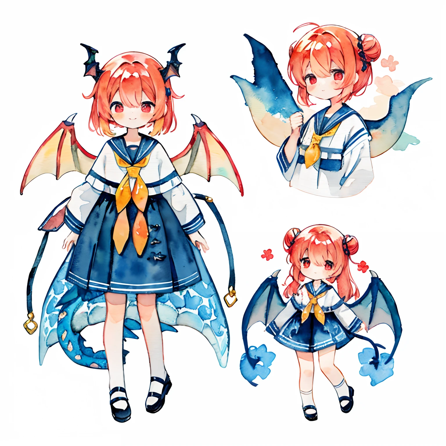 PastelColors:1.5)、(Cute illustration:1.5)、(watercolor paiting:1.2)、Light blue background、girl with、full body Esbian、A smile、Pale yellow all over、Moya、marble、colourfull、clouds、Skysky、Dragon's tail、muffler、Dragon wings、red dragon、a sailor suit、sailor collar、Pretz skirt、Small bun hair、Orange hair、red eyes、Wings and muffler、Neck Cross、Dragon wings、scarf、to stand、Red Dragon Girl、High Wing
