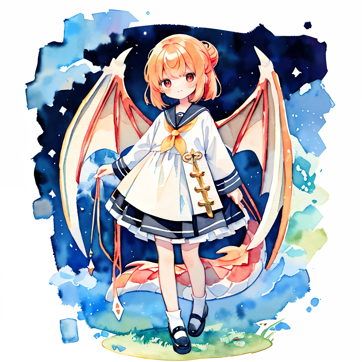 PastelColors:1.5)、(Cute illustration:1.5)、(watercolor paiting:1.2)、Light blue background、girl with、full body Esbian、A smile、Pale yellow all over、Moya、marble、colourfull、clouds、Skysky、Dragon's tail、muffler、Dragon wings、red dragon、a sailor suit、sailor collar、Pretz skirt、Small bun hair、Orange hair、red eyes、Wings and muffler、Neck Cross、Dragon wings、scarf、to stand、Red Dragon Girl、High Wing