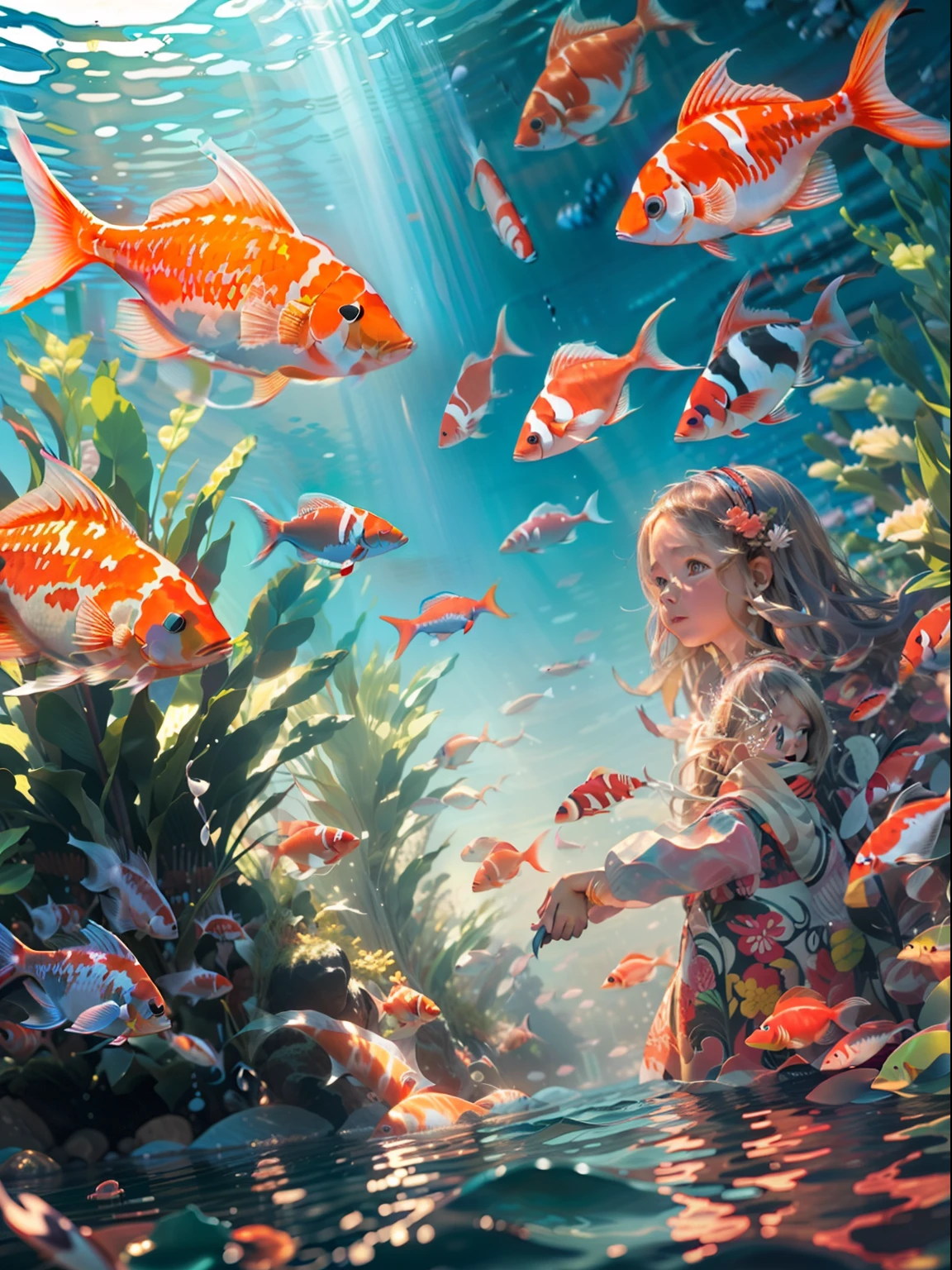 Little girl swimming in the sea,long whitr hair,Koi fish swim around,Real light,Ray traching,oc rendered,Hyper-realistic,best qualtiy,8K,Works of masters