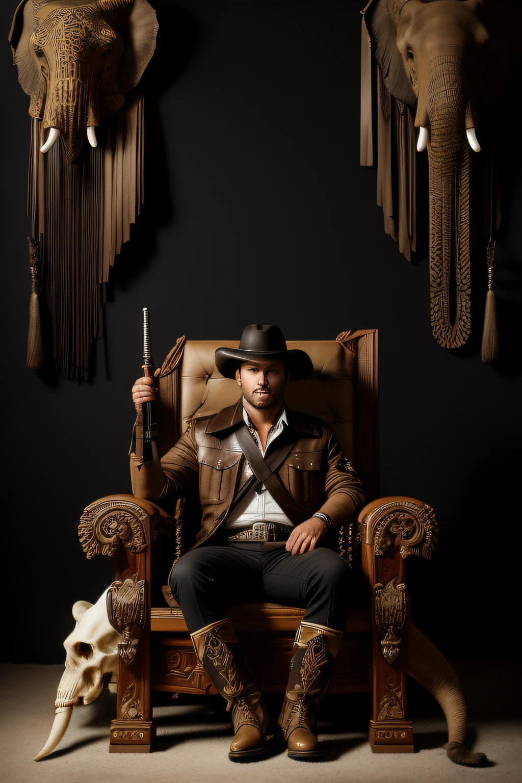 (solo) a Young hunter, 30 years old, sitting with his hand on his chin, looking frontal, dominant, and imposing, on an elephant ivory throne, and several skulls of various animals adorning the environment, with trophies for hunting, portrait of full body, hunting weapons adorning the site, hunting hats, leather gloves, leather boots, background with hanging game heads