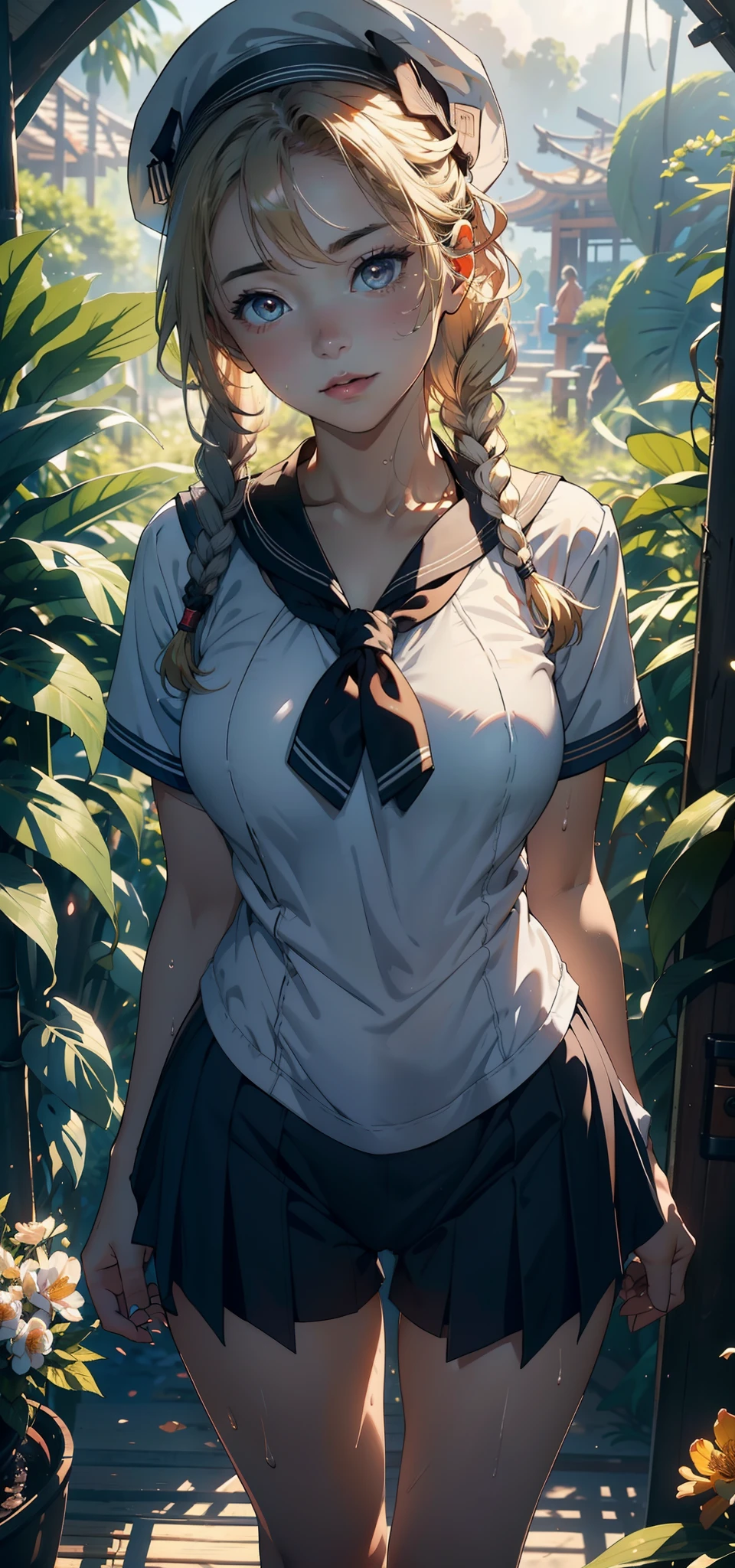 1female，25 age old，Slim，Large breasts，long leges，Big breasts Thin waist，Pornographic exposure， 独奏，（Background with：bamboo forrest，Stand in a sea of flowers，in summer） She has short blonde hair，standing on your feet，Sweat profusely，drenched all over the body，seen from the front， Twist braids， mostly cloudy sky，（（（tmasterpiece），（Very detailed CG unity 8K wallpaper），best qualtiy，cinmatic lighting，detailed back ground，beatiful detailed eyes，Bright pupils，（Very fine and beautiful），（Beautiful and detailed eye description），ultra - detailed，tmasterpiece，）），facing at camera，A high resolution，ultra - detailed），revealing breasts，Bare genitalia， Bulge，Camel toes，Raised sexy，Flushed complexion，Open-mouthed，frontage，（Wearing：Sailor uniform，Black socks，）nakeness，upper body photos