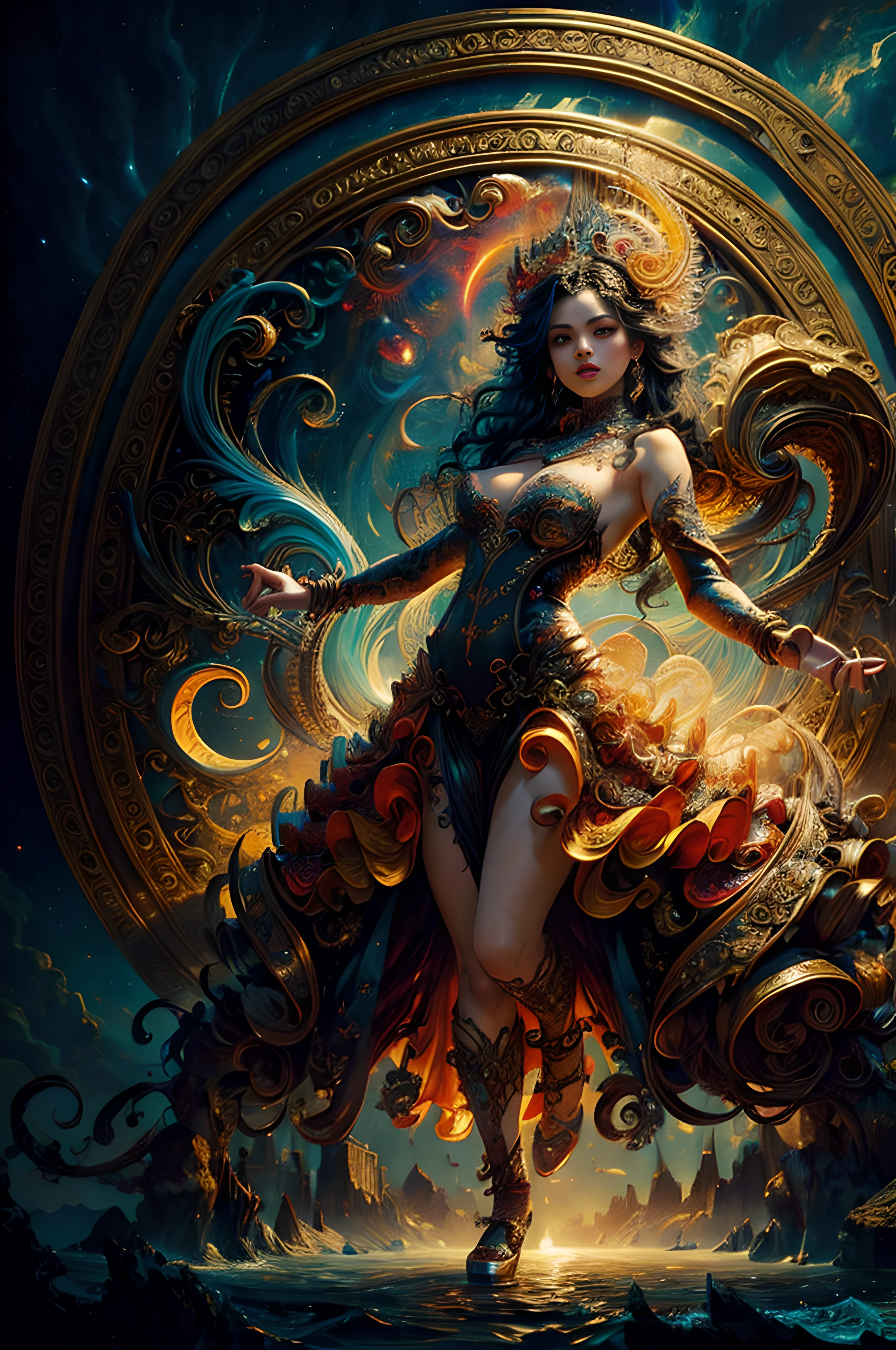 wavy, cool design, colorful design, warm colors, colorful, sinister, evil spirit, (masterpiece, top quality, best quality, official art, beautiful and aesthetic:1.2), , extreme detailed,(fractal art:1.3), entangle ,colorful ,highest detailed (((masterpiece))), (((best quality))), ((ultra-detailed)),(highly detailed CG illustration) ((an extremely delicate and beautiful)) ,cinematic light, erotic, erotic pose, full body