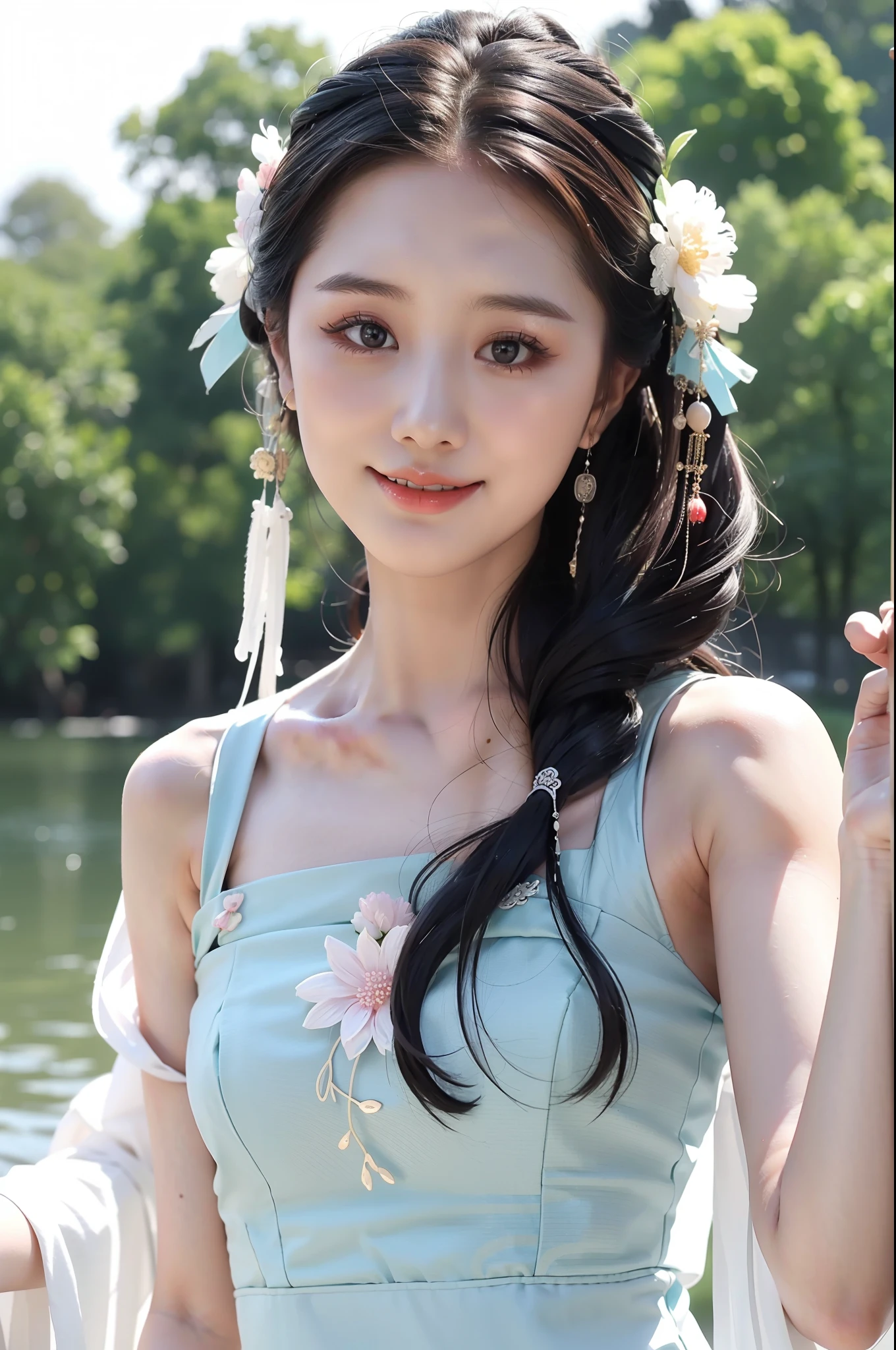 1girll,Exquisite,light smile,Dancing by the lake,white colors|Cyan hanfu,Tulle Hanfu beauty,Textured clothes Glossy glossy skin,Ray traching,
best qualtiy,tmasterpiece,(Photorealsitic:1.4)