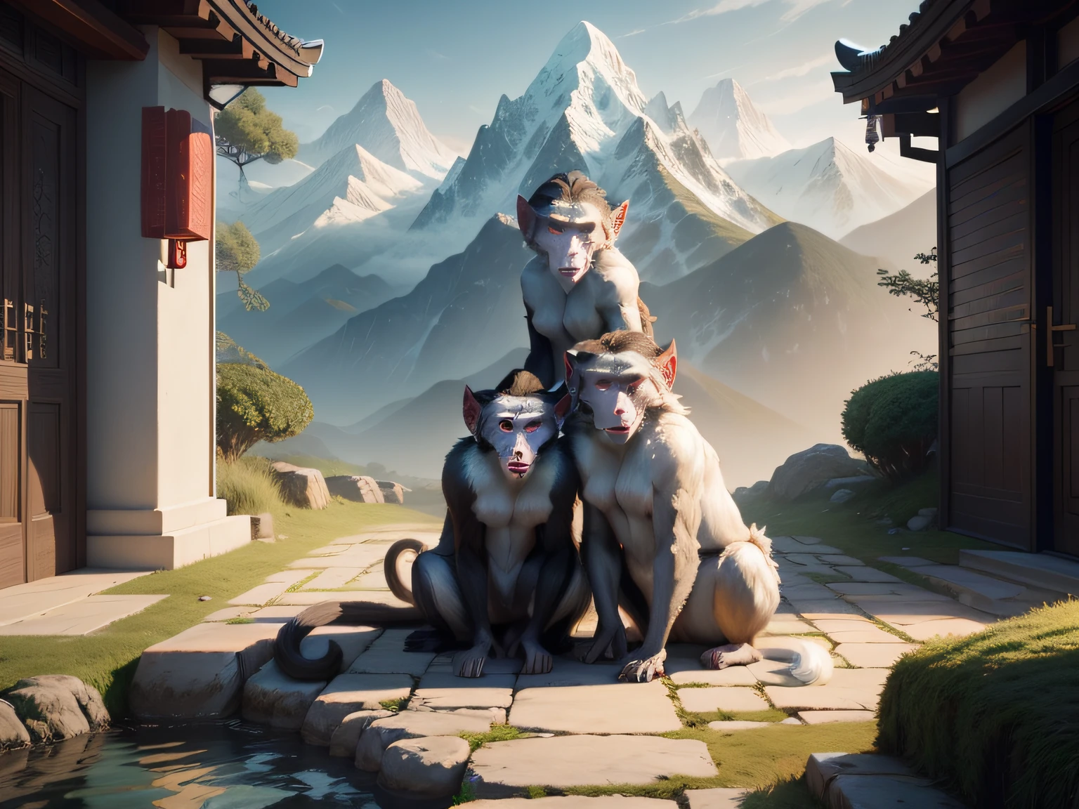 tmasterpiece,A high resolution,3D,CG animation,exteriors,Chinese mythology and stories,Inspired by the Classic of Mountains and Seas,Mountain and sea scripture mythical beast macaque,(White ears)of macaques,,Human face