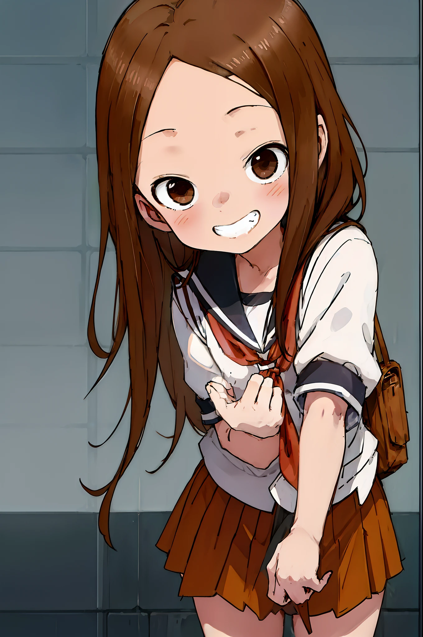 Teasing Master Takagi-san, cute idol aura, smoke effect, masterpieces, best quality anime 16k wallpaper, grin blushing face, body forward, camera from below, school bag