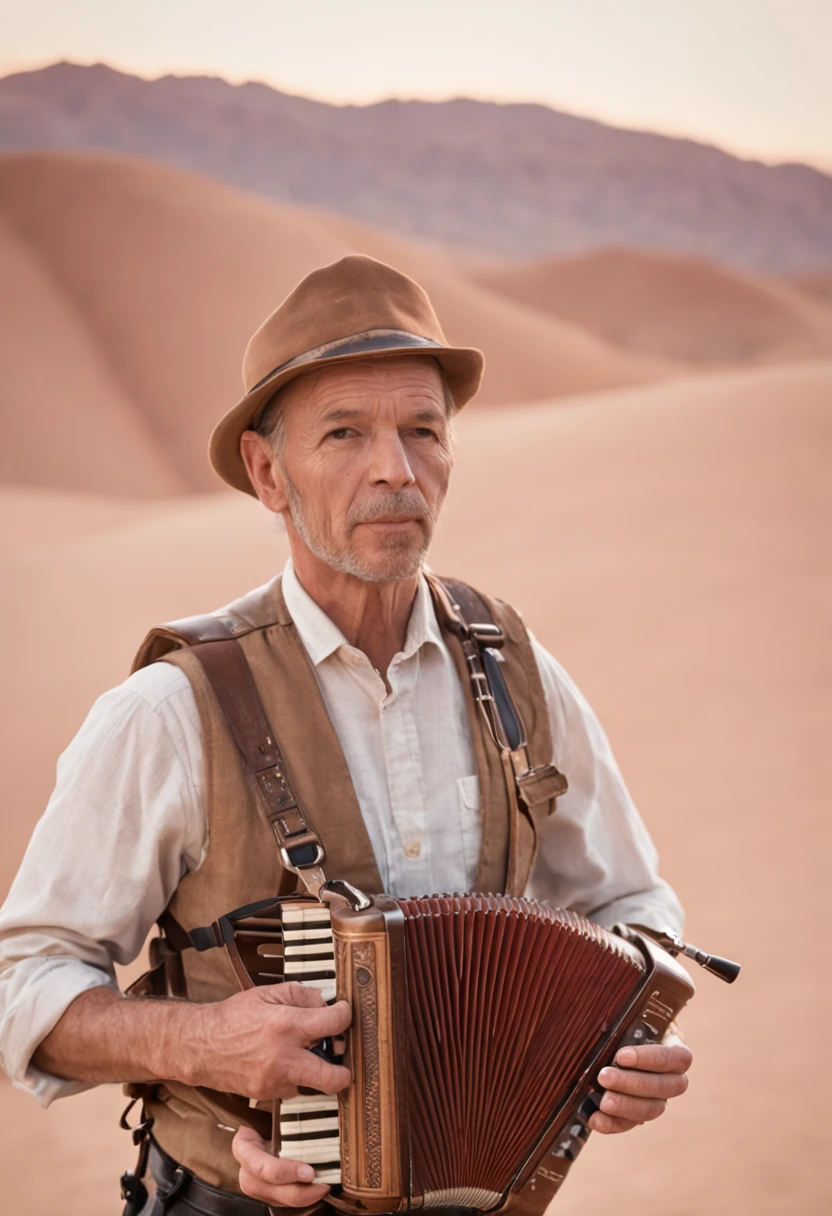 "Cinematic desert landscape with an accordion player"