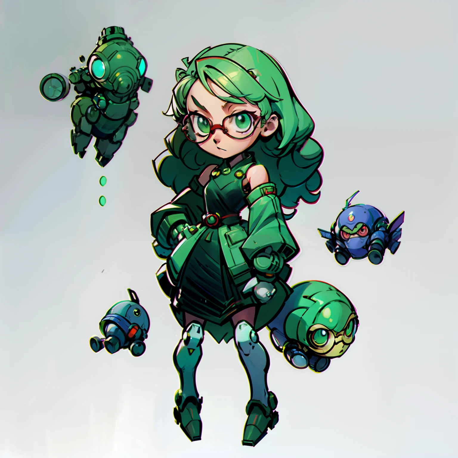 masutepiece, Best Quality, Full body shot, No background, White background, Green robot girl, , chibi, tank, glasses, Doctor