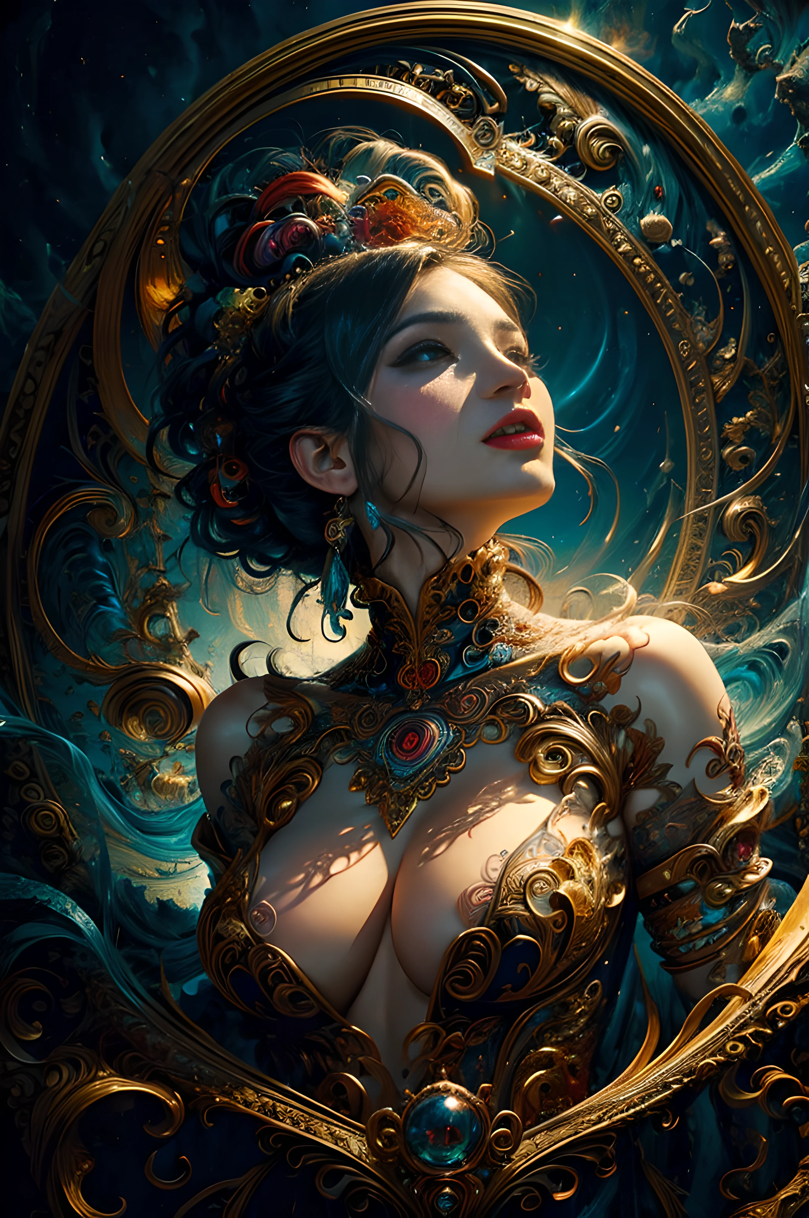 wavy, cool design, colorful design, warm colors, colorful, sinister, evil spirit, (masterpiece, top quality, best quality, official art, beautiful and aesthetic:1.2), , extreme detailed,(fractal art:1.3), entangle ,colorful ,highest detailed (((masterpiece))), (((best quality))), ((ultra-detailed)),(highly detailed CG illustration) ((an extremely delicate and beautiful)) ,cinematic light, erotic, erotic pose, full body