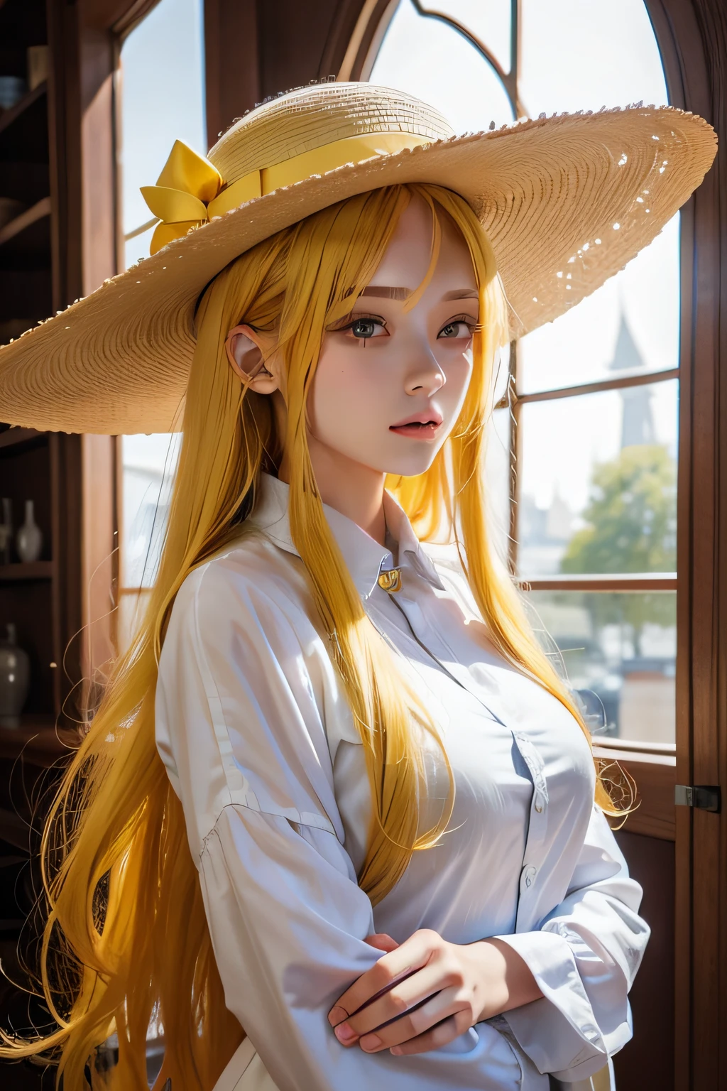 beautiful Girl,Yellow hair,Long hair with hat