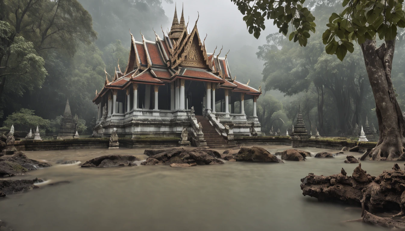 Ancient Thai Palace,Lichen cover, Located in the middle of the forest., Surrounded by streams. The atmosphere is pleasant.. Smoke Haze, Cloudy sky,All creatures are around.