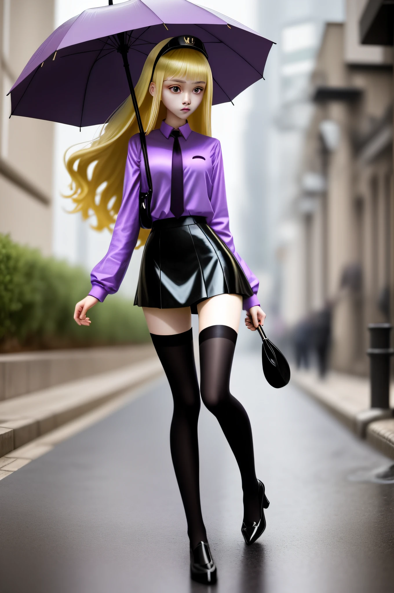 teens girl,Has blonde hair、Long legs and black stockings,Slim and beautiful on the figure,She holds a purple umbrella in her hand。