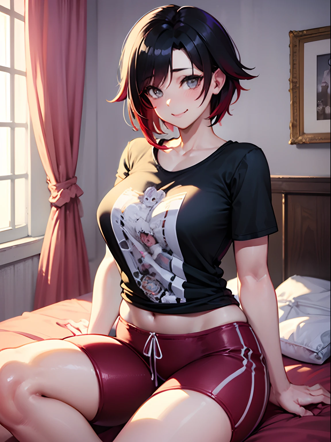 (Masterpiece, Best Quality:1.2), Cowboy shot, 独奏, 1girl, Ruby Rose, Smile, looking a viewer, earphones, Nightie, t shirt, black sweatpants, wide thighs, bed room, Erotica