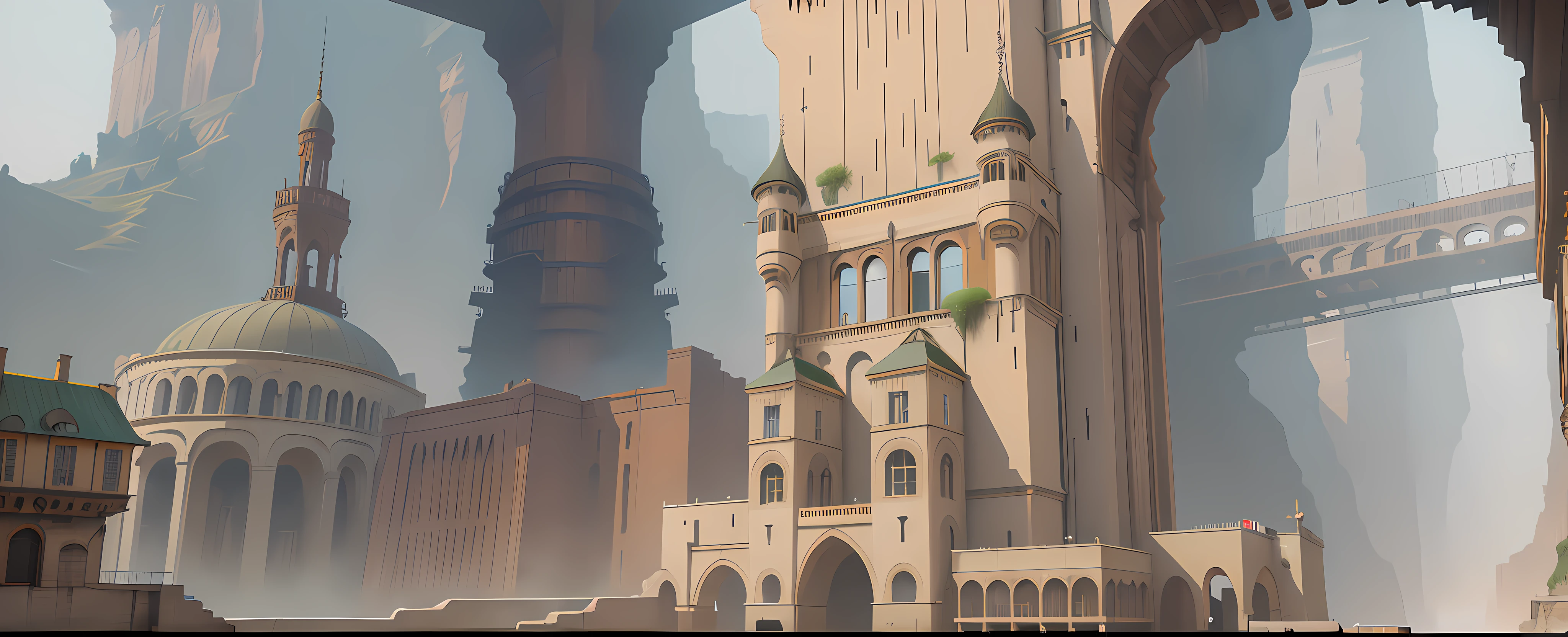 ((masterpiece)),((best quality)),((high detial)),((realistic,)) Industrial age city, deep canyons in the middle, architectural streets, bazaars, Bridges, rainy days, steampunk, European architecture
