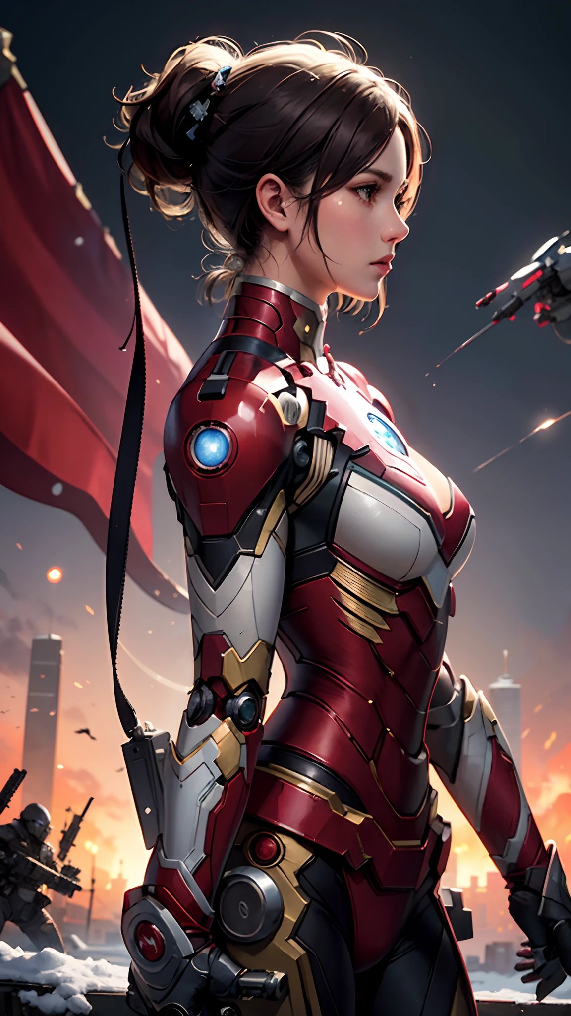 Ironman fighting an army of robots on a snowy battlefield, corps entier, loin, AB JLEE3, Intricate face details for all characters, yeux expressifs, nez et bouche, un-zoom, by Jim Lee right profile centered complex visual key highly detailed breathtaking precise cinematic panoramic vibrant lineart