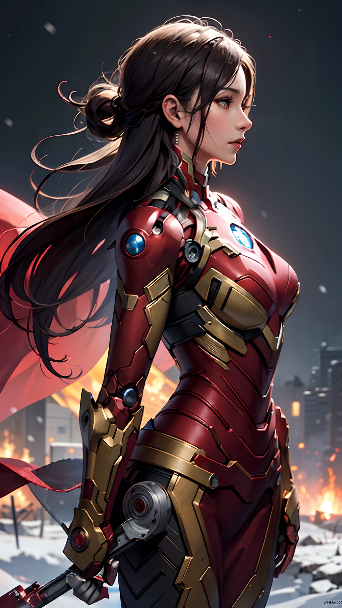 Ironman fighting an army of robots on a snowy battlefield, corps entier, loin, AB JLEE3, Intricate face details for all characters, yeux expressifs, nez et bouche, un-zoom, by Jim Lee right profile centered complex visual key highly detailed breathtaking precise cinematic panoramic vibrant lineart