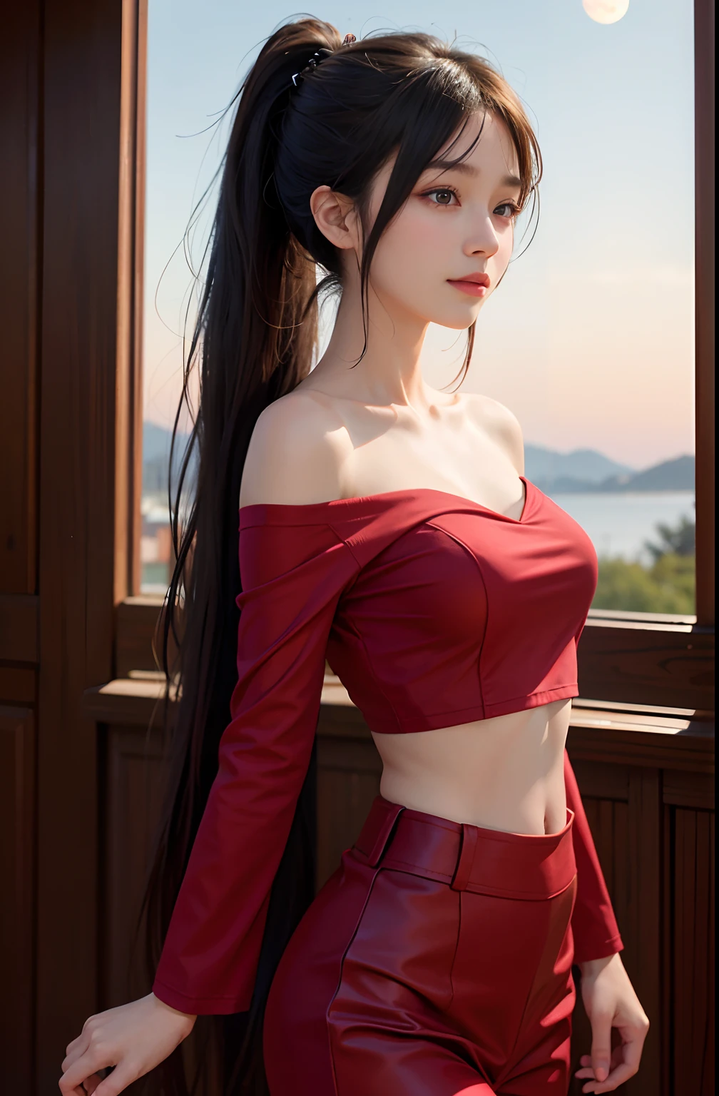 absurderes:1.8, realistic, Unity 8K Wallpaper, Masterpiece, detailed hair, highly detailed, realistic glistening skin、(dark-haired、short hair with long locks、white hairband、Red Eyes、off shoulders、Red Sweater:1.5、long-sleeve)、(light smile:1.3)、cowboy shot:1.7, from side:1.3
