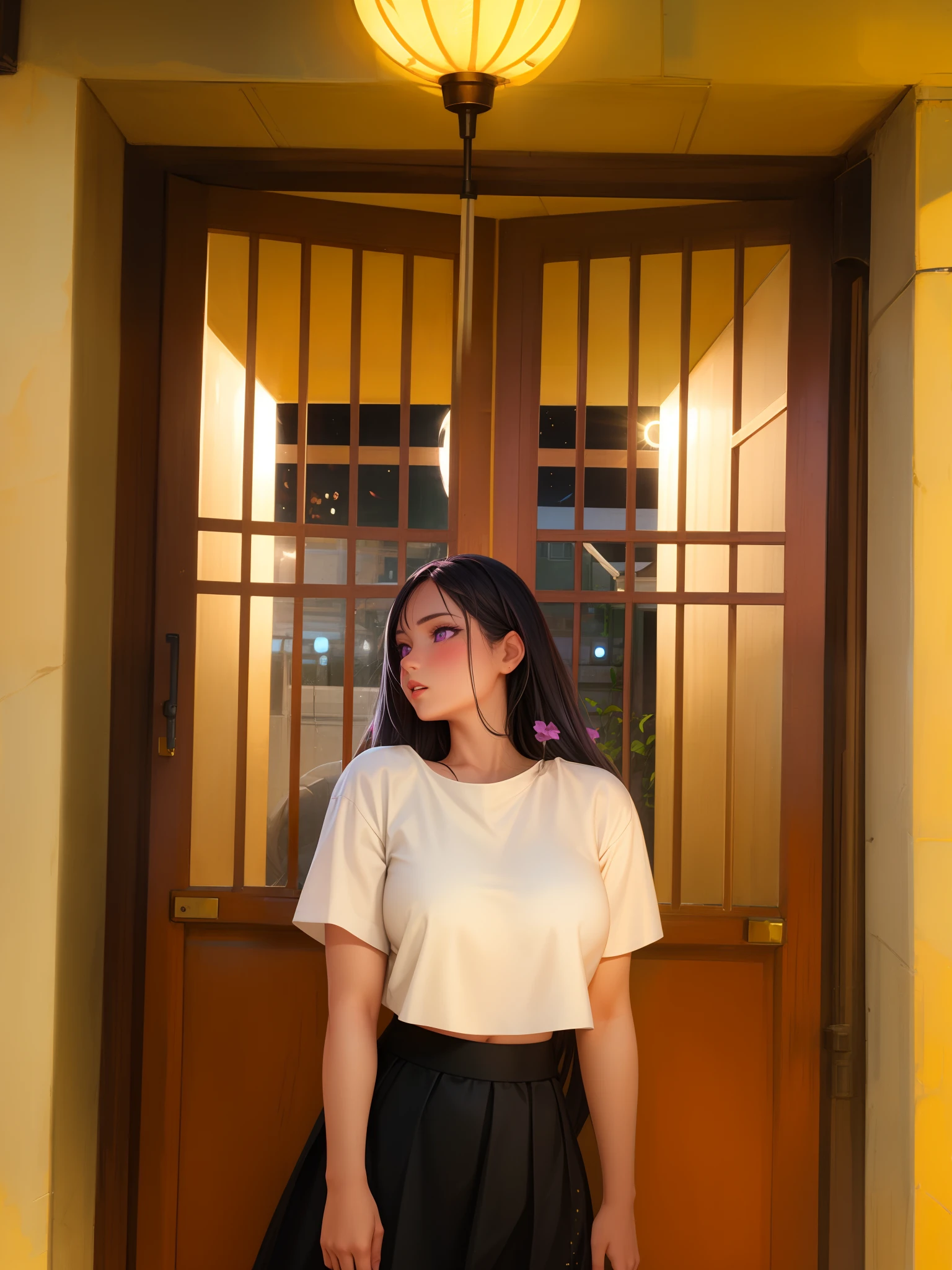realistic, 1girl, white hair, purple eyes, glowing eyes, crop top, skirt, parted lips, blush, night, flowers, sun, sunlight,