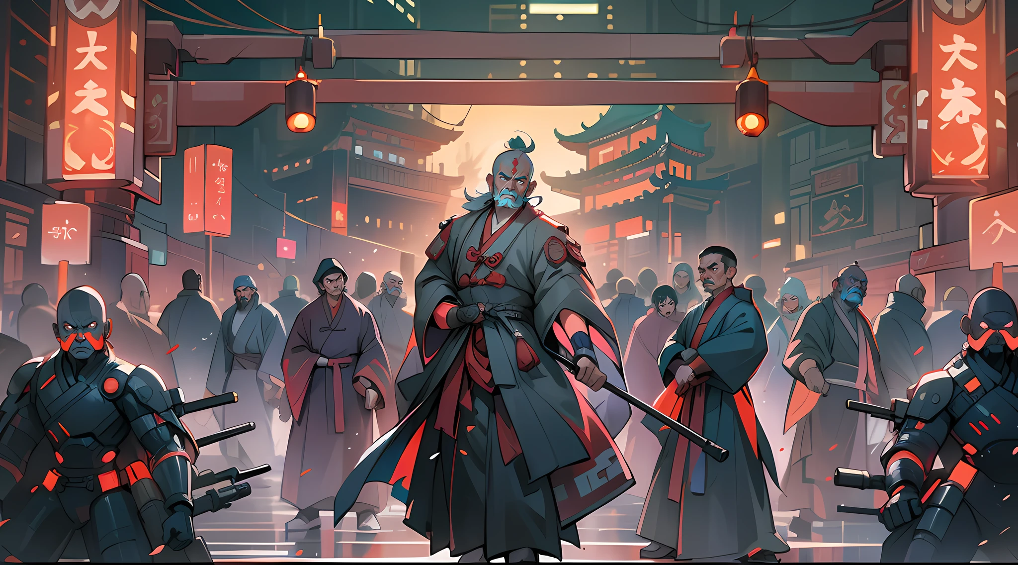 A traditional Chinese monk man is in a fighting stance waiting to be attacked by his enemies, he is surrounded by enemies, he is in a futuristic Chinese cyberpunk city, dusk, bright lights, dynamic composition, volumetric lights, ultra definition, ultra resolution, masterpiece, intricate details, wide angle camera
