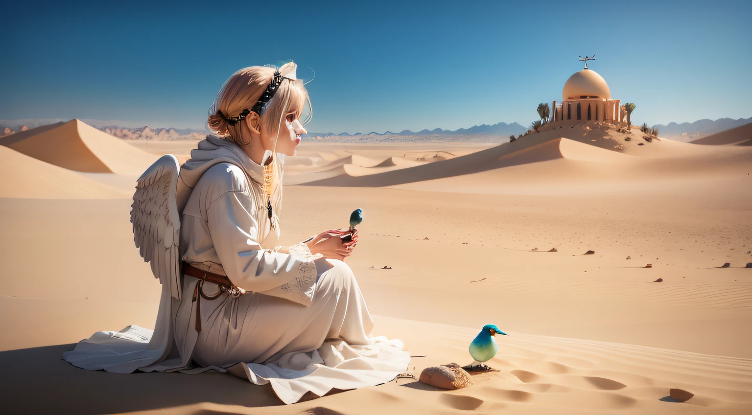 an angel in the desert talking to a bird