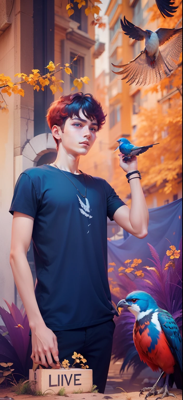 Boy with Bird futuristic background realistic face Bule eye, red hair, ultra high quality HD