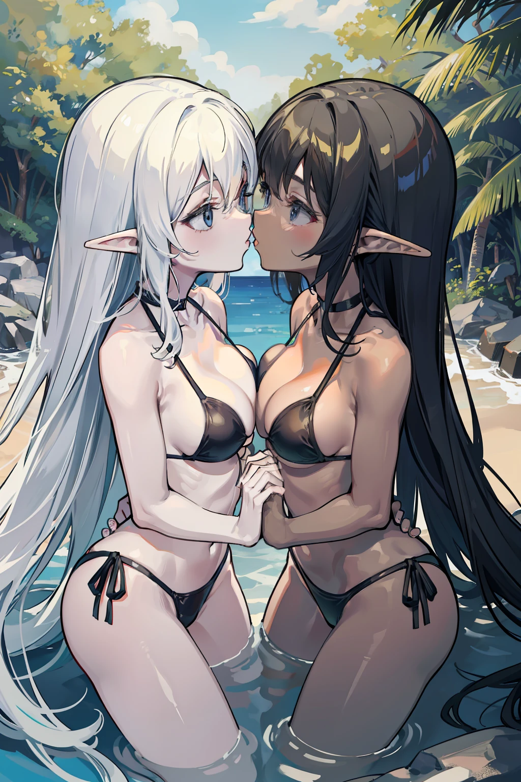 Two female elves,One black and one white,Bikini swimsuit,Hold each other,The two bodies are close together,Kiss,at a forest