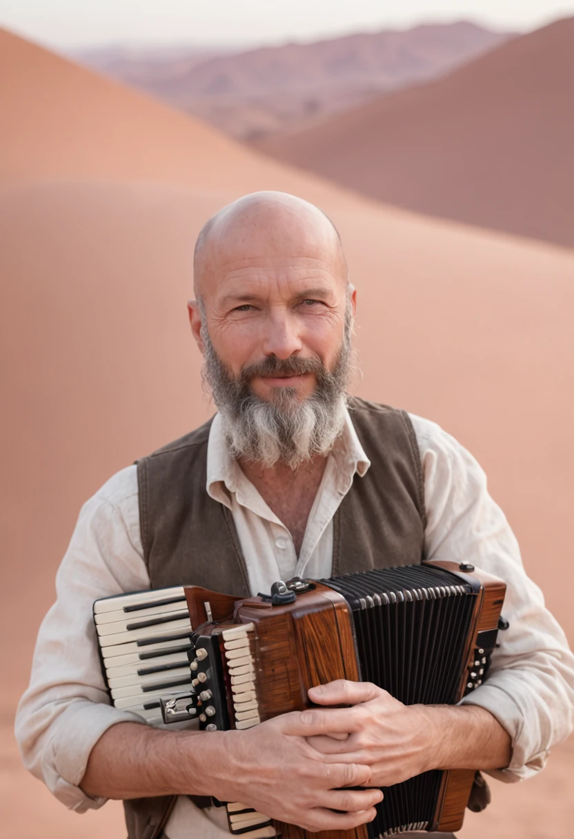 "Cinematic desert landscape with a bald accordionist with a beard, 40 anos , black watch on arm and happy"