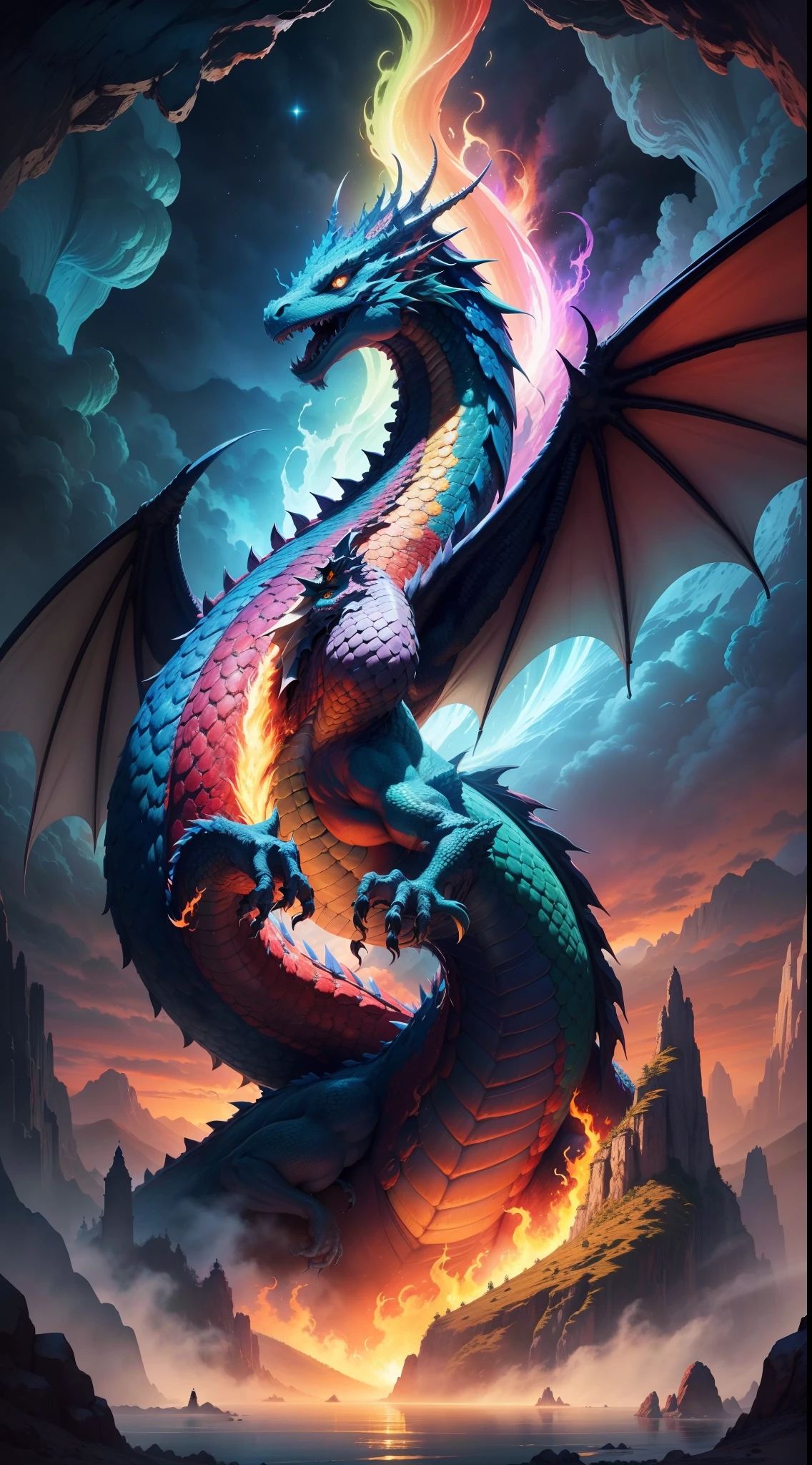 Create a vibrant artwork depicting a colossal, multicolored King Dragon reigning over the mystical Dragon Universe. Capture its grandeur as it breathes fire, surrounded by lush landscapes, cascading waterfalls, and loyal dragon guardians. Let the colors and magic of this world come alive on the canvas