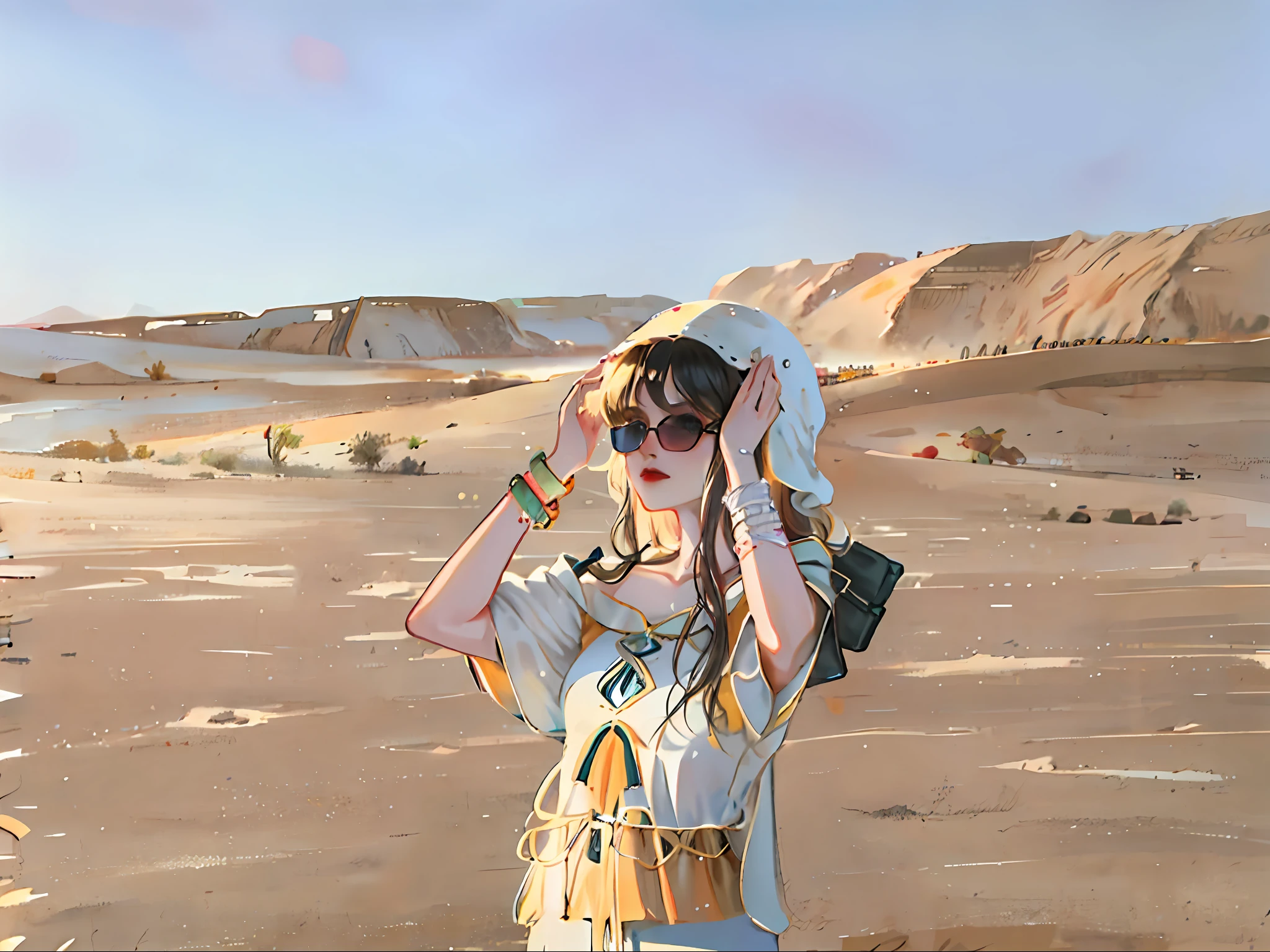 Woman in sunglasses standing on a dune,hands on head, in a desert, in a desert, standing in desert, at the desert, Standing in the desert, standing in desert, dunes in the background, with sunglass, dune style, Girl walking between the dunes, In the middle of the desert, covered in sand, Wearing a desert poncho, in the desert