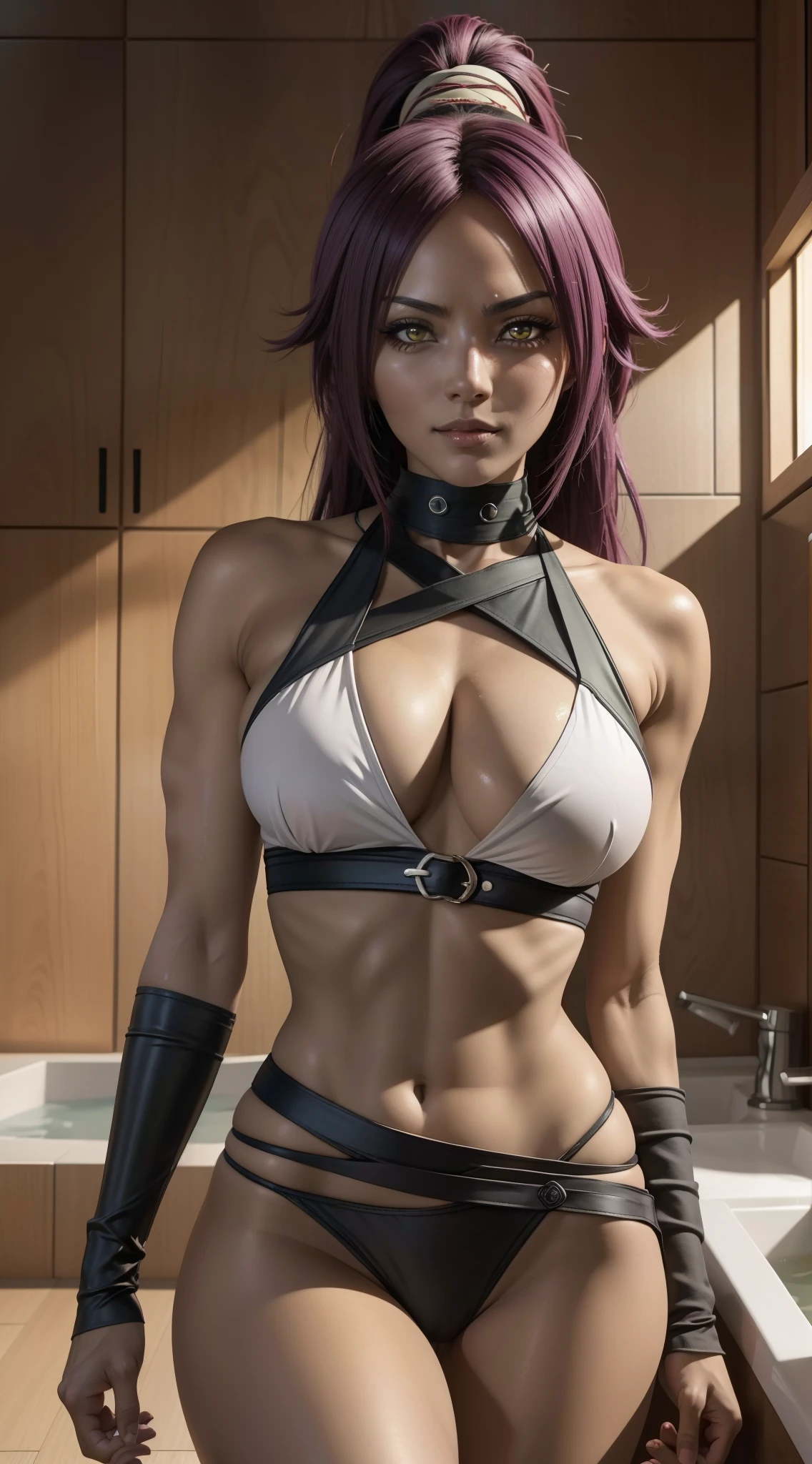 Yoruichi Shihōin without clothes, com cabelos presos, apenas com um sobretudo branco, com rosto serio, sensual, sexy, seios grandes expostos, completamente nua, vagina exposta, em uma casa de banho japonesa a noite com lua cheia, (muito detalhado), Yoruichi Shihōin seductive, realista, 8k, Cinema 4D, Artgerm extremamente detalhado, [ Arte Digital 4K ]!!, Yoruichi Shihōin girl anime rendering, sensual, seios grandes a mostra