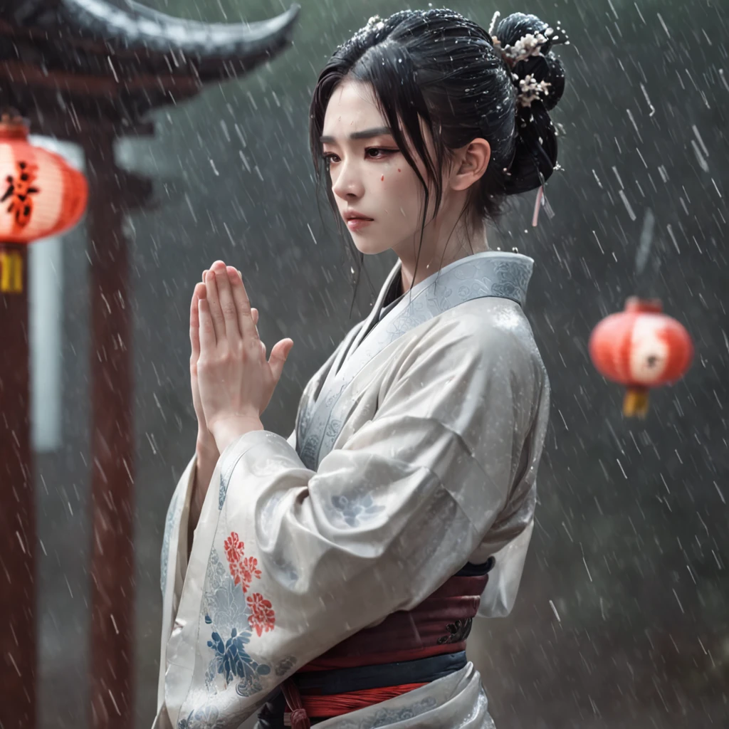 Anime girl praying in the rain in a kimono, flowing hair and long robes, handsome guy in demon killer art, by Yang J, Cai Xukun, anime wallaper, heise jinyao, Daoism, By Yuumei, bian lian, Taoist, Inspired by Bian Shoumin, Guviz-style artwork, anime beautiful peace scene