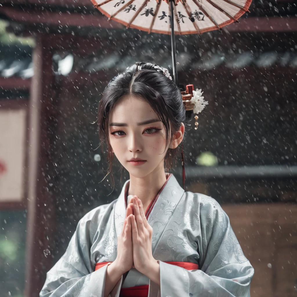 Anime girl praying in the rain in a kimono, flowing hair and long robes, handsome guy in demon killer art, by Yang J, Cai Xukun, anime wallaper, heise jinyao, Daoism, By Yuumei, bian lian, Taoist, Inspired by Bian Shoumin, Guviz-style artwork, anime beautiful peace scene