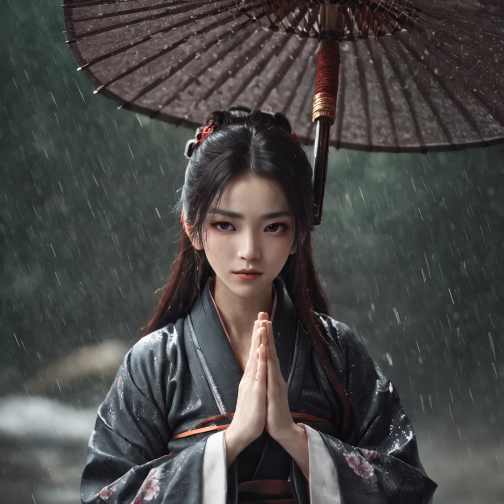 Anime girl praying in the rain in a kimono, flowing hair and long robes, handsome guy in demon killer art, by Yang J, Cai Xukun, anime wallaper, heise jinyao, Daoism, By Yuumei, bian lian, Taoist, Inspired by Bian Shoumin, Guviz-style artwork, anime beautiful peace scene