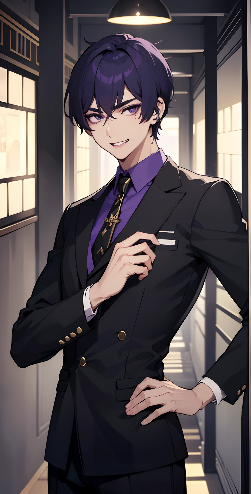 male people、top-quality、masterpiece、hight resolution、Purple short-haired man、well-muscled、Handsome man in school uniform、a handsome、light skinned、Black Eye Makeup、black lipstick、a purple eye、beautiful shadow、Hyper Detail、Mole under left eye、Complex numerous piercings、vestments、Man joking in school hallway