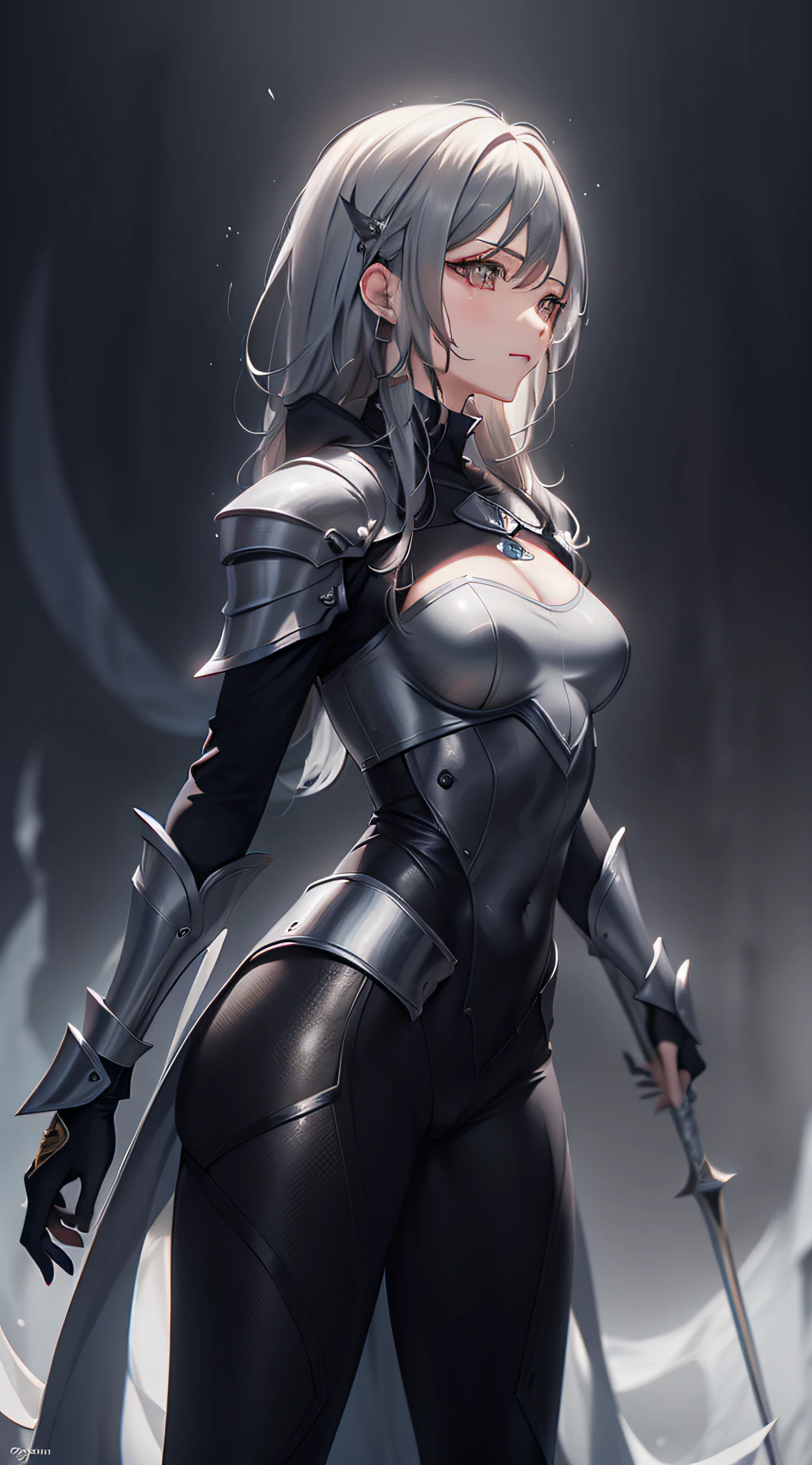 1 Girl, light blue eyes, big black hair, locks of hair, bangs, hair detail, strands of hair detail, (lights effect on hair), ((sexy black knight armor)), big chest, thick legs, thick thigh, background scenery, in hell, surrounding fire, ambient detail, ultra detailed