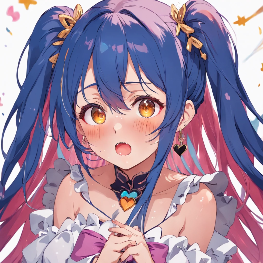 multicolored hair, ahoge, braid, double bun, absurdly long hair, hairpin, bell, hair bobbles, crying with eyes open, happy tears, longeyelashes, color contact lenses, amber eyes, diamond-shaped pupils, heart earrings, kemonomimi mode, pout, jitome, heart in eye, happy, high detail, Romanticism, Contemporary art, god rays, 8k, super detail, best quality, masterpiece, textured skin, high details, high quality, highres, anatomically correct