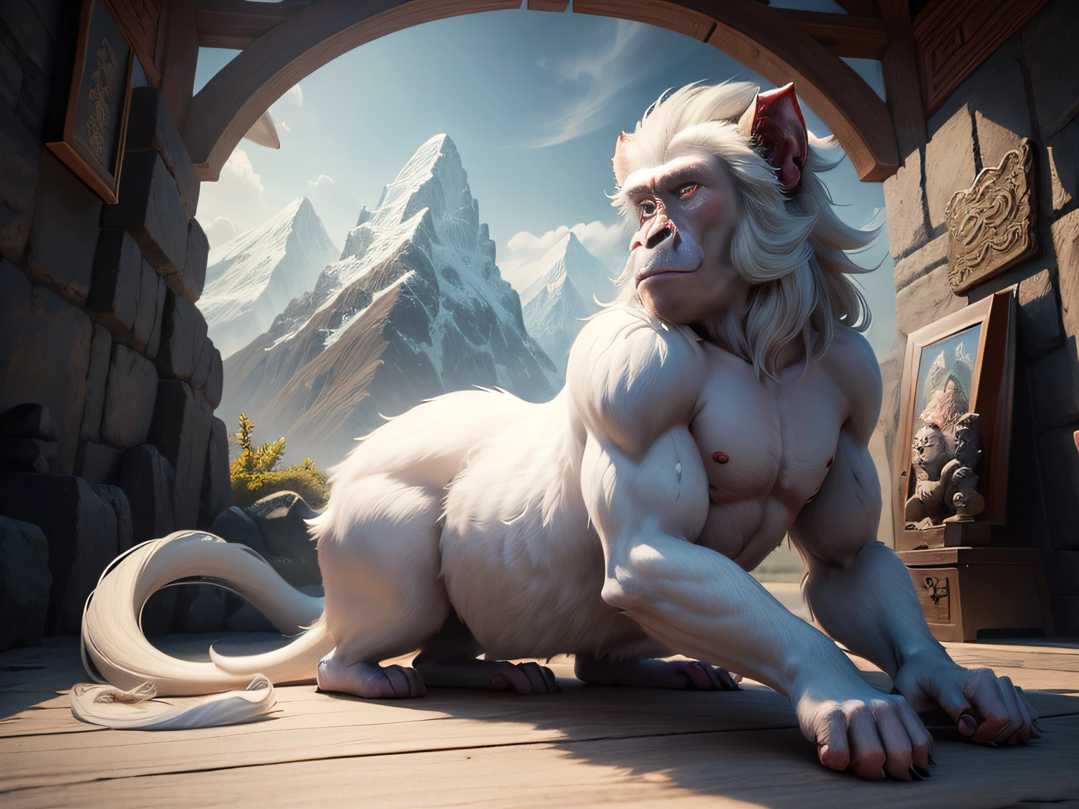 tmasterpiece,A high resolution,3D,CG animation,exteriors,Chinese mythology and stories,Inspired by the Classic of Mountains and Seas,Mountain and sea scripture mythical beast macaque,(White ears)of macaques,,Human face