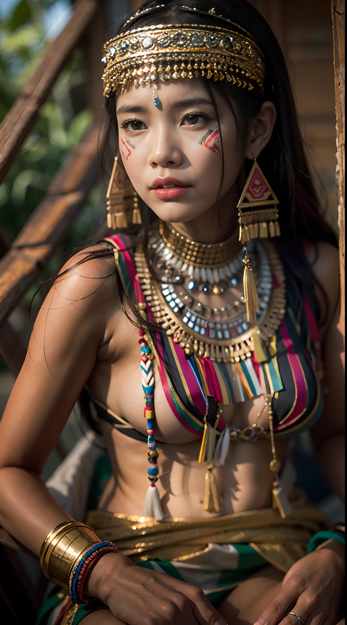 1 Borneo tribal girl, wearing tribal head dress and accessories, sentado nu na rocha no rio, 1 perna na rocha, perna aberta para mostrar vaginal e mama, hyper realistic, textura realista, dramatic lighting, Foto Nikon RAW, 8k, Fujifilm XT3,CitrinoDreamMix, master part, best quality, Realistic, nu, mostrar vaginal, (fotorrealista:1.4), ultra detalhado, visible whole body, (((sorrir:1.2)))