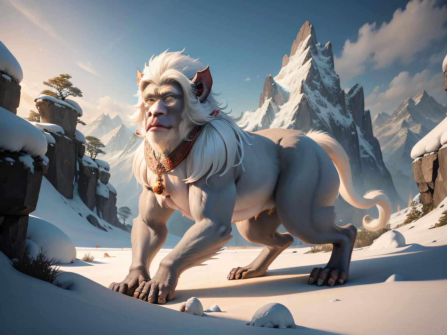tmasterpiece，A high resolution，3D，CG animation，exteriors，Chinese mythology and stories，Inspired by the Classic of Mountains and Seas，Mountain and sea scripture mythical beast macaque，（White ears）of macaques，，Human face