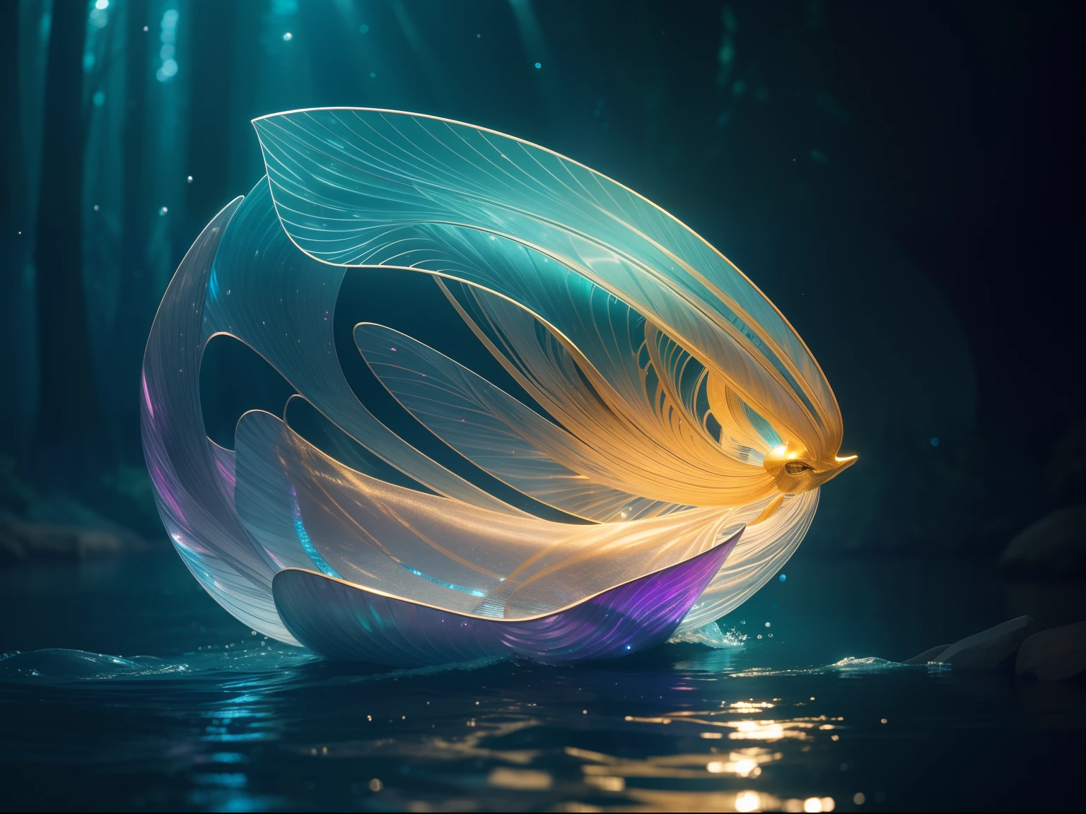 A mesmerizing image of a humanoid, iridescent humanoid creature waiting for its master. The iridescent forms of its head, neck, and arms are illuminated by the soft, golden light filtering through the water's surface, casting a warm, golden glow on the creature's face and clothing. In the background, a wide-angle lens captures the delicate beauty of the iridescent form, highlighting the iridescent elements and adding a personal touch to the otherwise stunning scene. wide aperture, standard lens, shallow depth of field