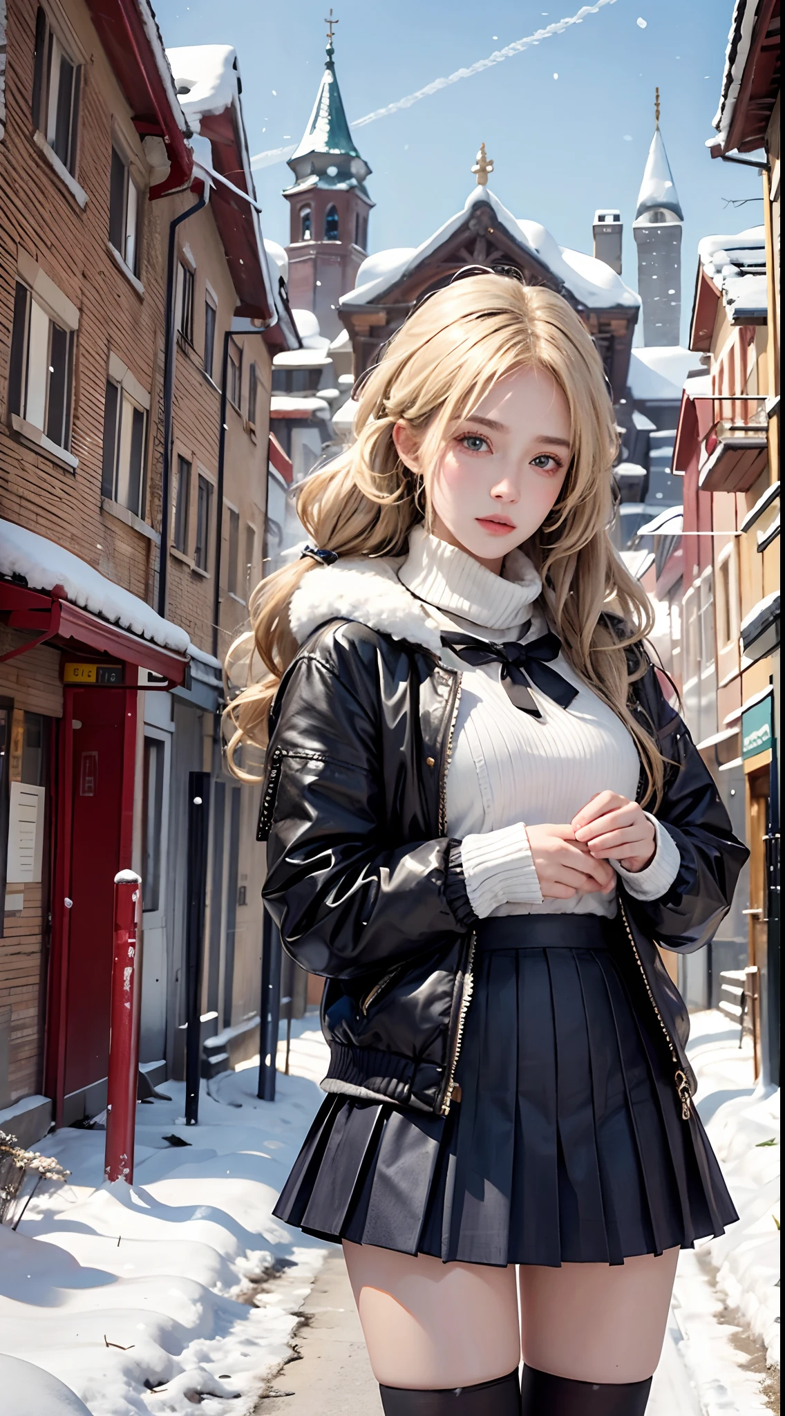 1girl, blonde hair, blue eyes, realistic,photorealistic, cowboy shot, close-up, low twintails, high collar sweater, puffy down jacket, short pleated skirt, bare legs, high heels, looking at viewer,standing, upper body, outdoors,snow, snow shelter, winter, european town, european style houses, (castle), noon, streets, sunshine,
