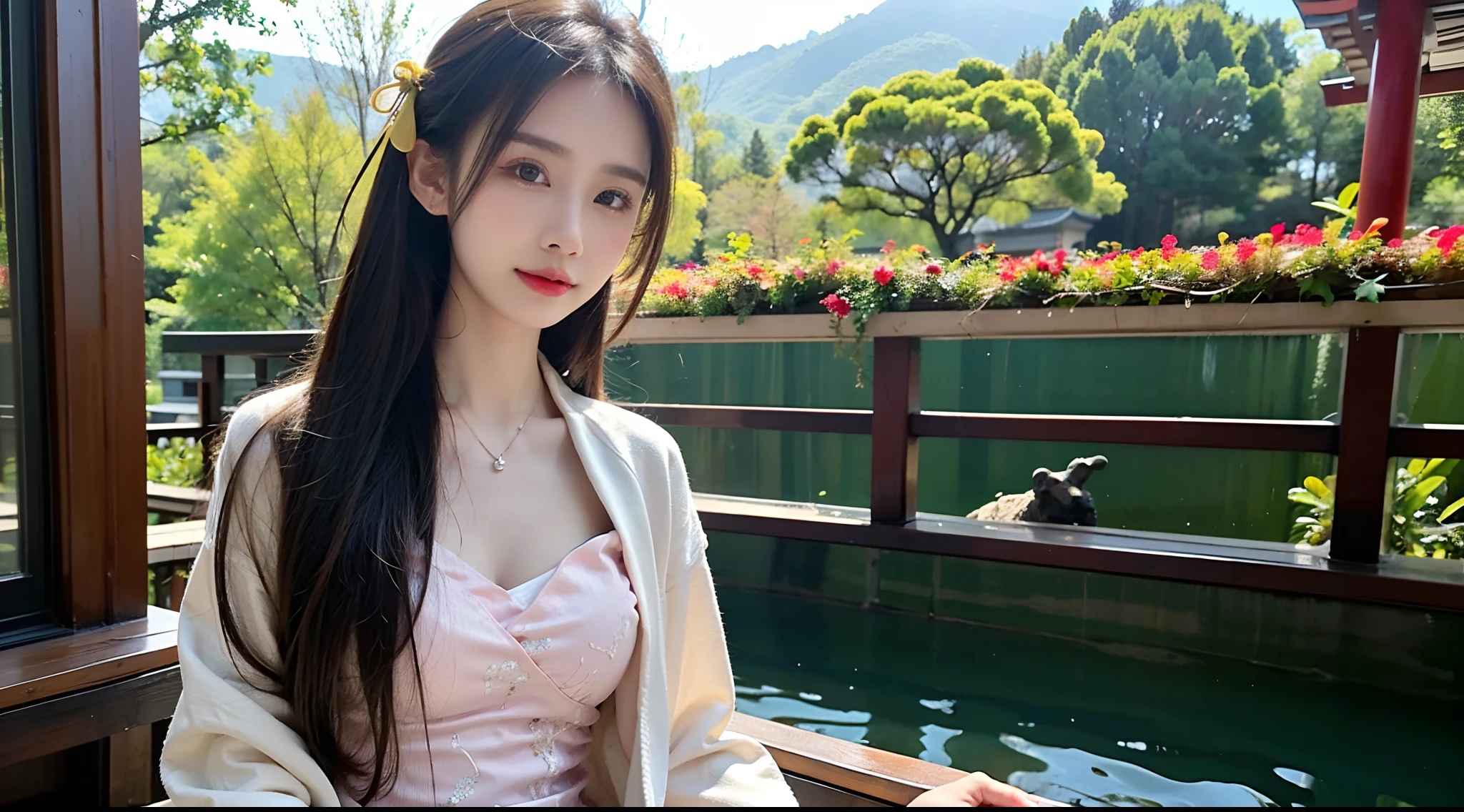 (A half body，Close-up，closeup cleavage：1.2)，Arakfi Asian woman sitting in chair，Wearing a green and gold dress, (outside,NOWAI，rays of sunshine，Skysky，hot onsen，florals，grassy，nevando） ， A girl in Hanfu, Hanfu, Cheongsam, with acient chinese clothes, Traditional beauty, Traditional Chinese clothing, Wearing ancient Chinese clothes, Chinese style, Chinese dress, Chinese costume, Chinese traditional, Chinese girl, wearing ornate silk clothes,Pink lip gloss，（Solo:1.5）,Background bokeh