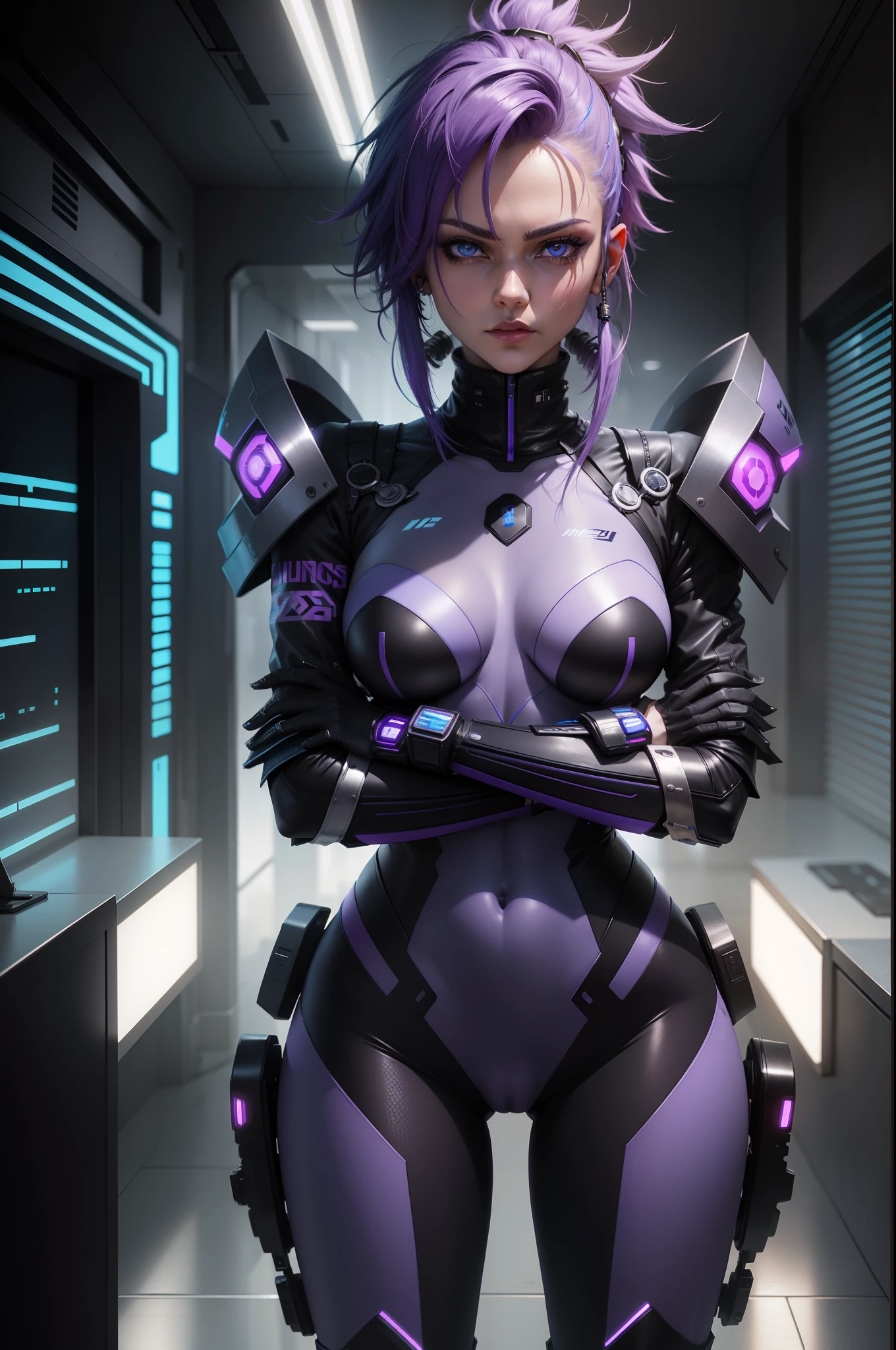 imagem ultra realista de mulher cyber punk com cabelo roxo e azul, mulher atraente com armadura cyber punk, he has his arms crossed and looking straight ahead, olhar pentrante, several different positions, ultra HD, imagem 8k, fundo cores roxas e azuis