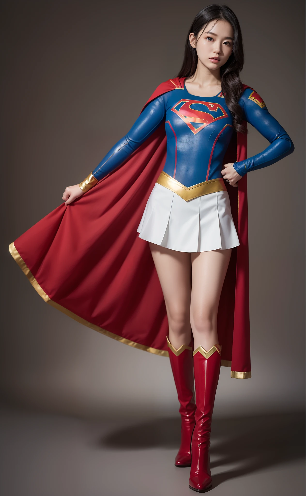 (((Make the most of the original image)))、(((Supergirl Costume)))、(((lustrous dark hair)))、(((Suffering)))、(((lying back on)))、((Stockings are torn))、((Top image quality、8K))、((top-quality、8K、​masterpiece:1.3))、Crisp focus:1.2、Beautiful woman with perfect body shape:1.4、Slender Abs:1.2、((layers-Cut、large boob:1.2))、a wet body:1.5、Highly detailed facial and skin texture、