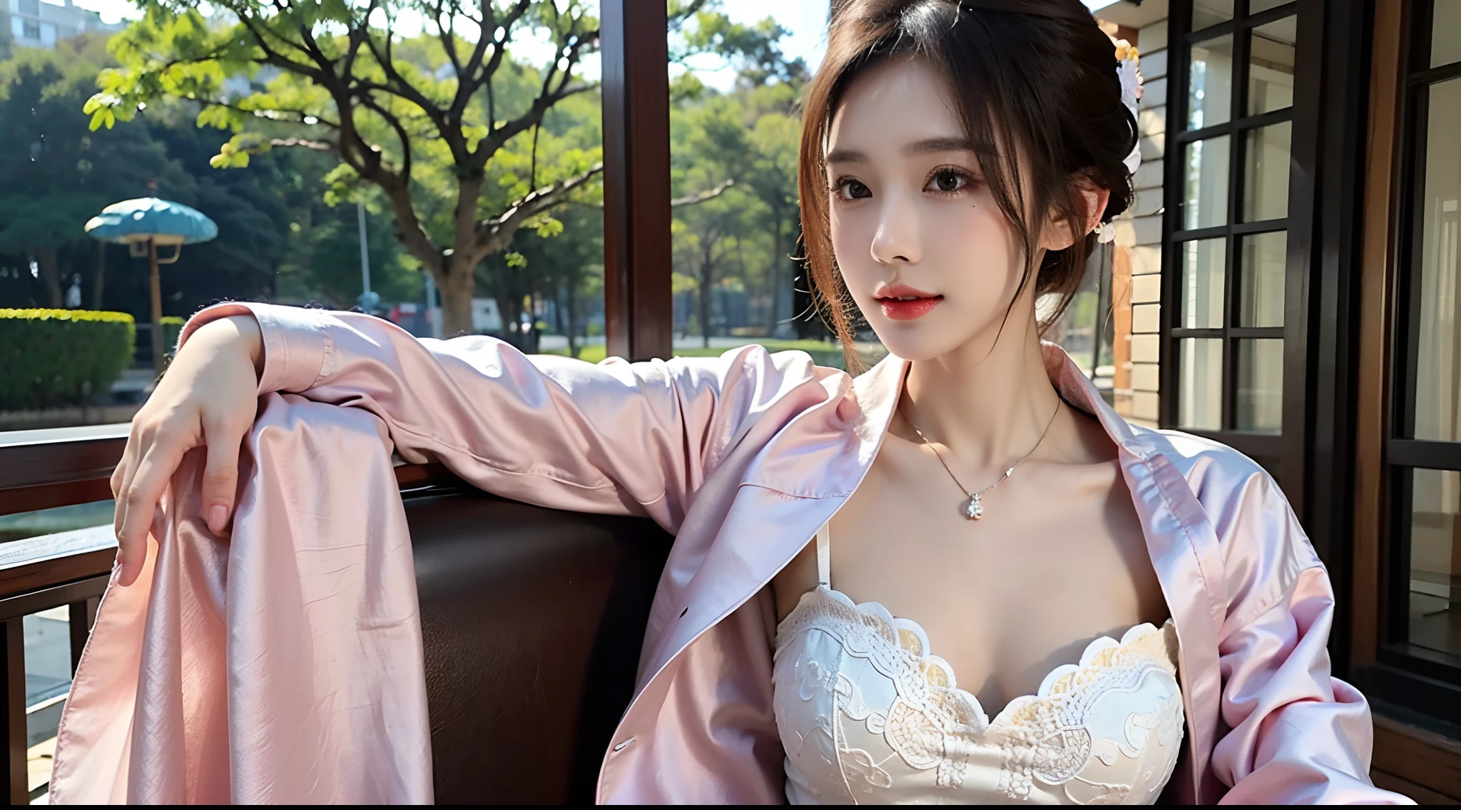 (A half body,Close-up,closeup cleavage:1.2),Arakfi Asian woman sitting in chair,Wearing a green and gold dress, (outside,NOWAI,rays of sunshine,Skysky,hot onsen,florals,grassy,nevando) , A girl in Hanfu, Hanfu, Cheongsam, with acient chinese clothes, Traditional beauty, Traditional Chinese clothing, Wearing ancient Chinese clothes, Chinese style, Chinese dress, Chinese costume, Chinese traditional, Chinese girl, wearing ornate silk clothes,Pink lip gloss,(Solo:1.5),Background bokeh
