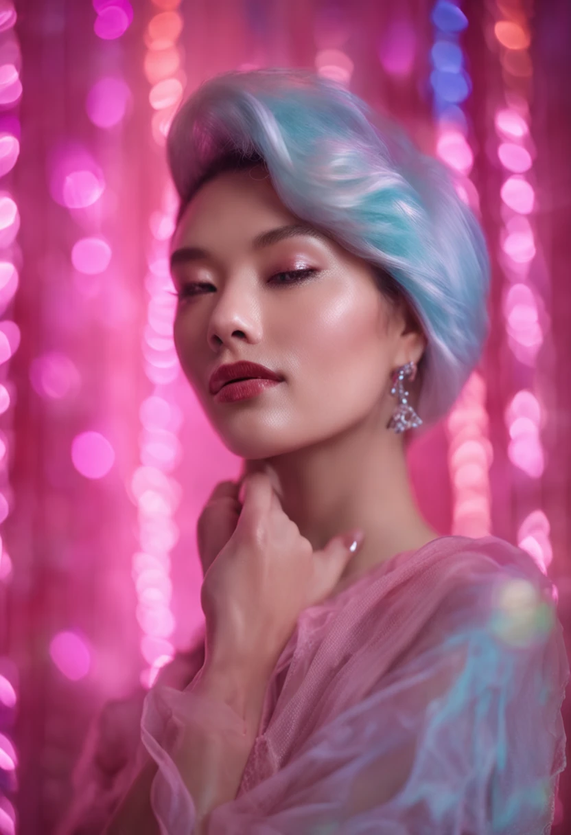 pink pastel GelatoStyle, close-up hasselblad portrait, melting (beautiful woman 30yr), closed eyes, (blurry colored background)1.2, bokeh, depth of field, photorealistic, masterpiece, abstract beauty, analog style, filmic, (cinematic lighting)1.3, ultra realistic, 8k, colorful, dreamy background withLora(GelatoStyle,0.95) yingying woman
