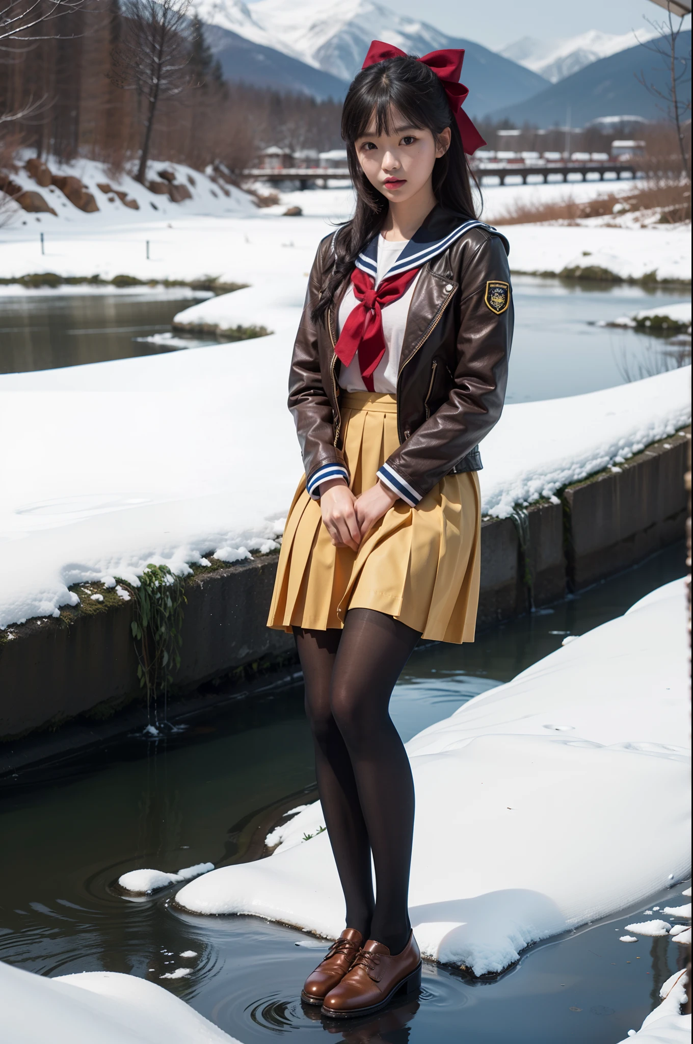 (full body:1.5),(1girl:1.3),(view the viewer:1.4),(anatomy correct:1.3),(Sitting by the creek of a snowy mountain:1.2),(A red and yellow Sailor suit and pleated skirt with ribbons:1.2),(Tan Pantyhose:1.3),( JK uniform small leather shoes with bows for female students:1.1),(Accurate and perfect face:1.3),hyper HD, Ray traching, reflective light, structurally correct, Award-Awarded, high detail, lighten shade contrast, Face lighting ,cinematic lighting, masterpiece, super detailing, high quality, high detail, best quality, 16k,High contrast,