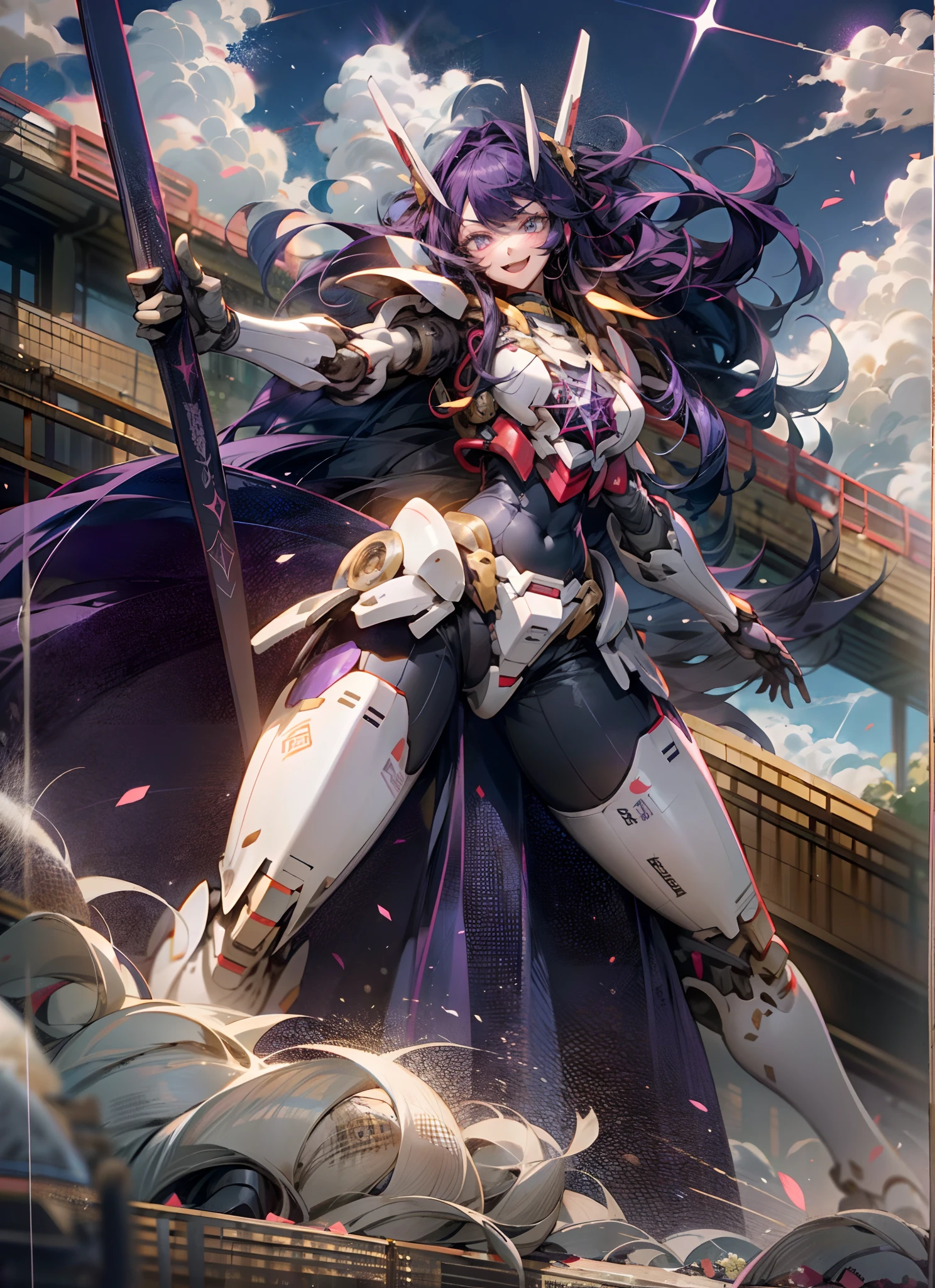 A huge girl,Gorgeous Hair in Long Purple,Pentagram in the eye,Smile,Open mouth,Skysky,clouds,holding_weapon,no_humans,with light glowing,buliding,glowing_eyes,mecha,scientific fiction,城市,Realistis,mecha