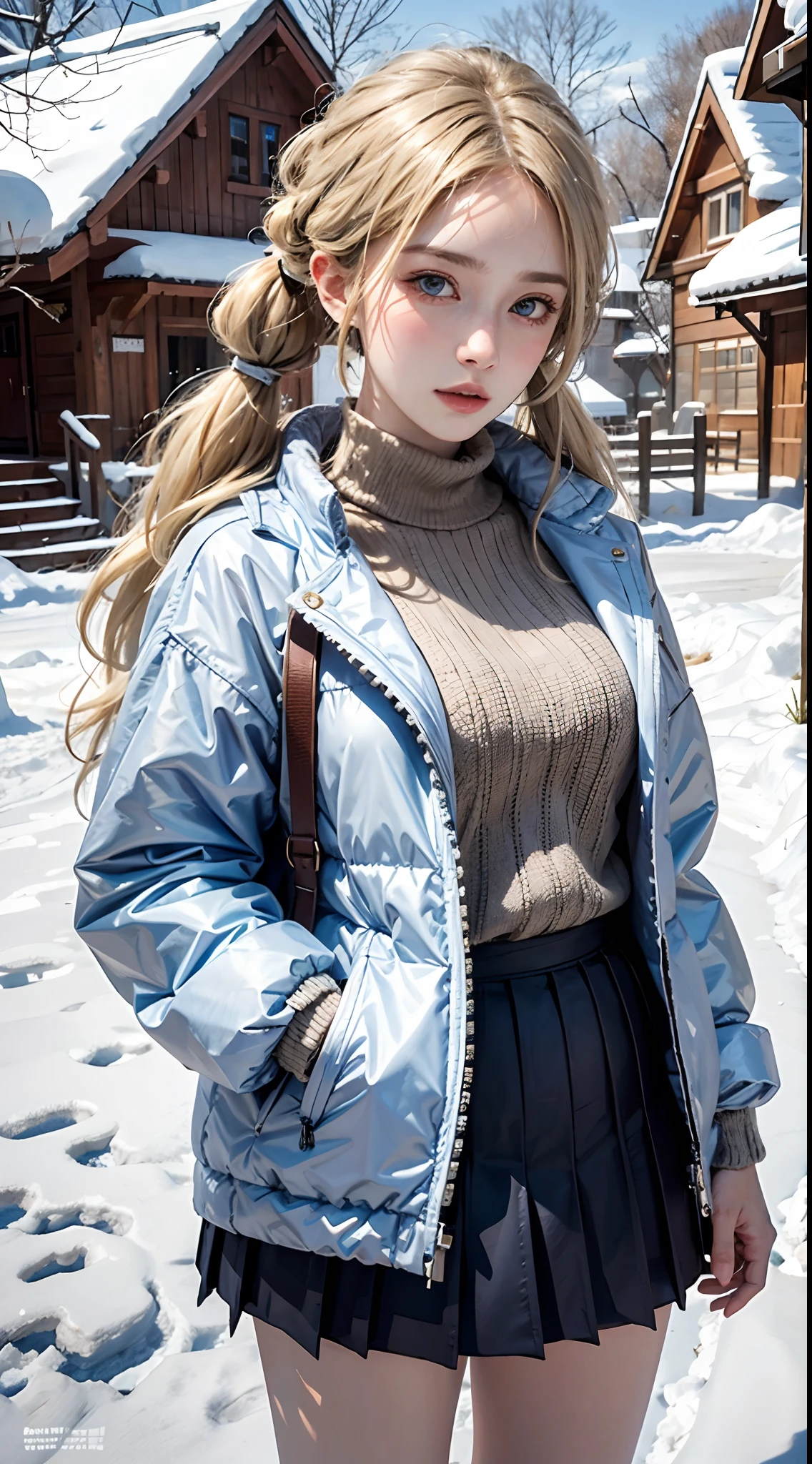 1girl, blonde hair, blue eyes, realistic,photorealistic, cowboy shot, close-up, low twintails, high collar sweater, puffy down jacket, short pleated skirt, bare legs, high heels, looking at viewer,standing, upper body, outdoors,snow, snow shelter, winter, european town, european style houses, (castle), noon, streets, sunshine,
