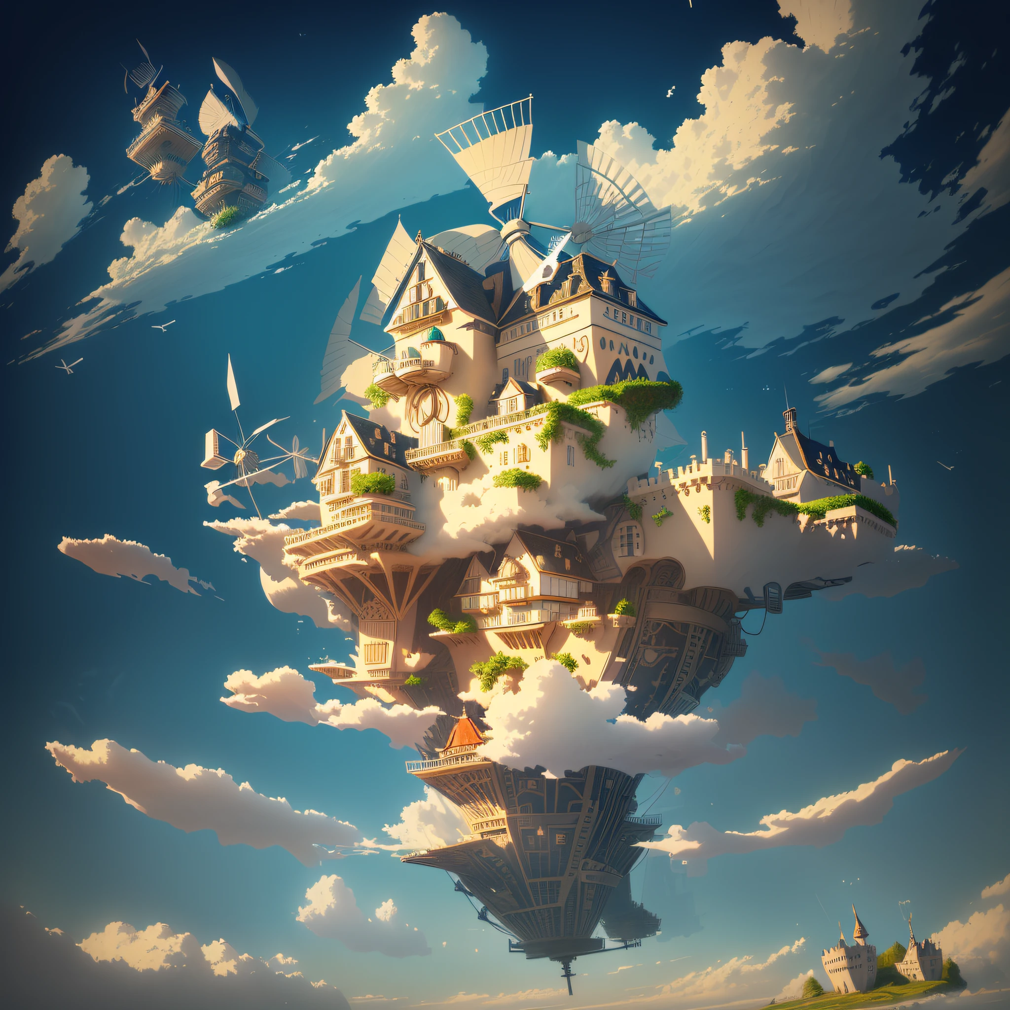 a drawing of a windmill and a house on a floating island, floating city on clouds, floating city in the sky, inspired by Winsor McCay, flying island in the sky, an immense floating castle, palace floating in the sky, floating island in the sky, castle in the sky style, floating and flying island, cloud palace
